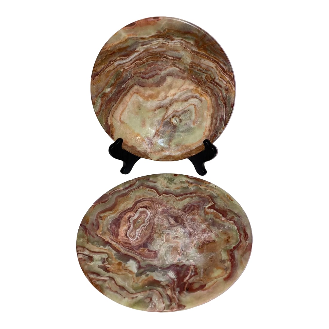 Set of 2 Natural Onyx Round Plates / Platters Made in Pakistan, 1980s: Set of 2 Natural ONYX plates / platters Made in Pakistan Round 10" 2lbs 4oz each Condition: Alterations: Original Condition Unaltered Imperfections: Some Imperfections Condition Notes: Good used.