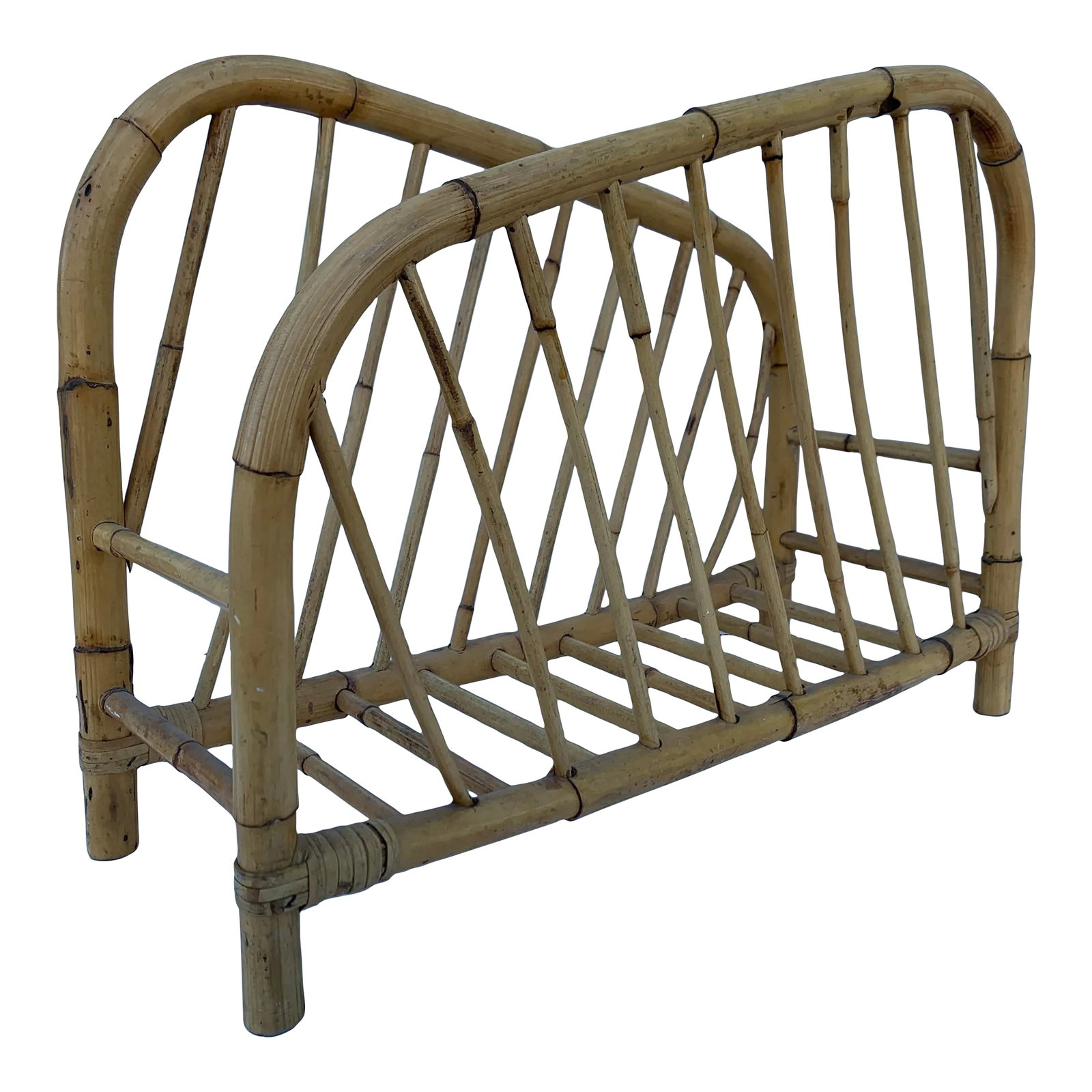 1970s Vintage Boho Chic Bent Bamboo Magazine Rack: Vintage 1970s magazine rack of bent bamboo in a blonde finish. Condition: Alterations: Original Condition Unaltered Imperfections: Some Imperfections Condition Notes: Modest age appropriate wear.