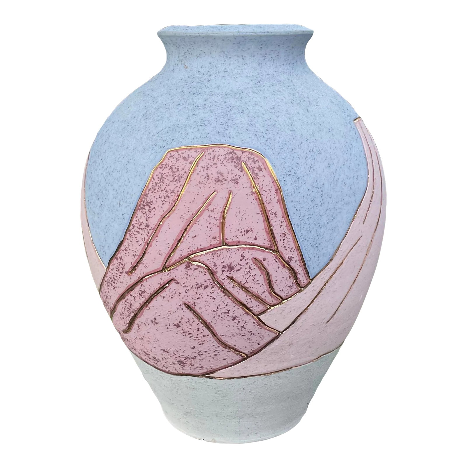 Large Southwestern Pottery Vase, Signed.: Southwestern pottery vase in light blues, pink and purple mountains outlined in gold. Signed T. Molder Condition: Alterations: Original Condition Unaltered Imperfections: Some Imperfections Condition