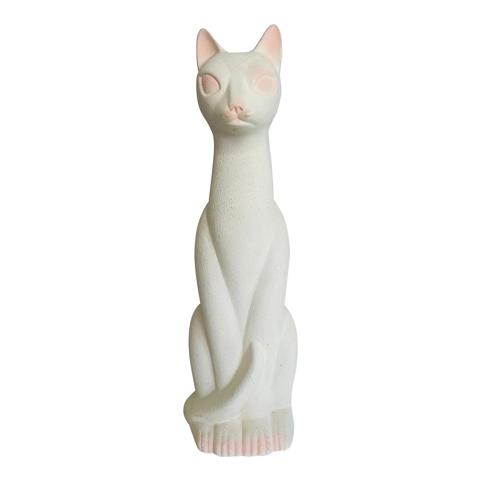 1960s Tall White Siamese Cat Figurine With Pink Accents: Vintage 1960s tall textured ceramic white Siamese cat figurine with pink accents. The pink is on the eyes, ears and feet. No marks. Condition: Alterations: Original Condition Unaltered Imperfections: