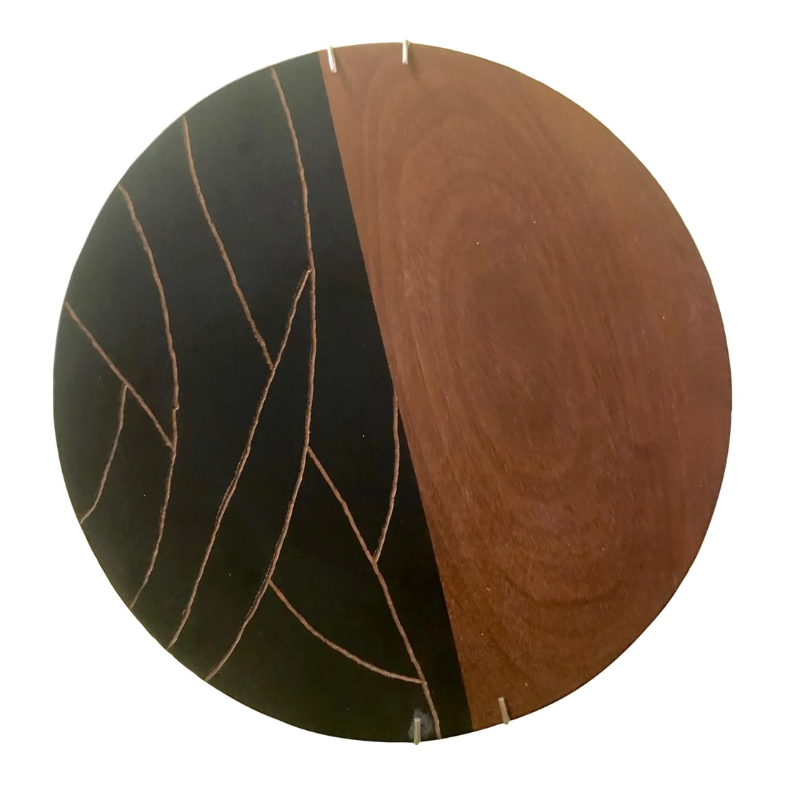 Vintage Brazilian Wood Platter by M Trancoso: Beautiful carved veneer wood platter or charger, stained black on one half with organic design. Suitable for display or function as charger or serving tray. Condition: Alterations: Original Condition