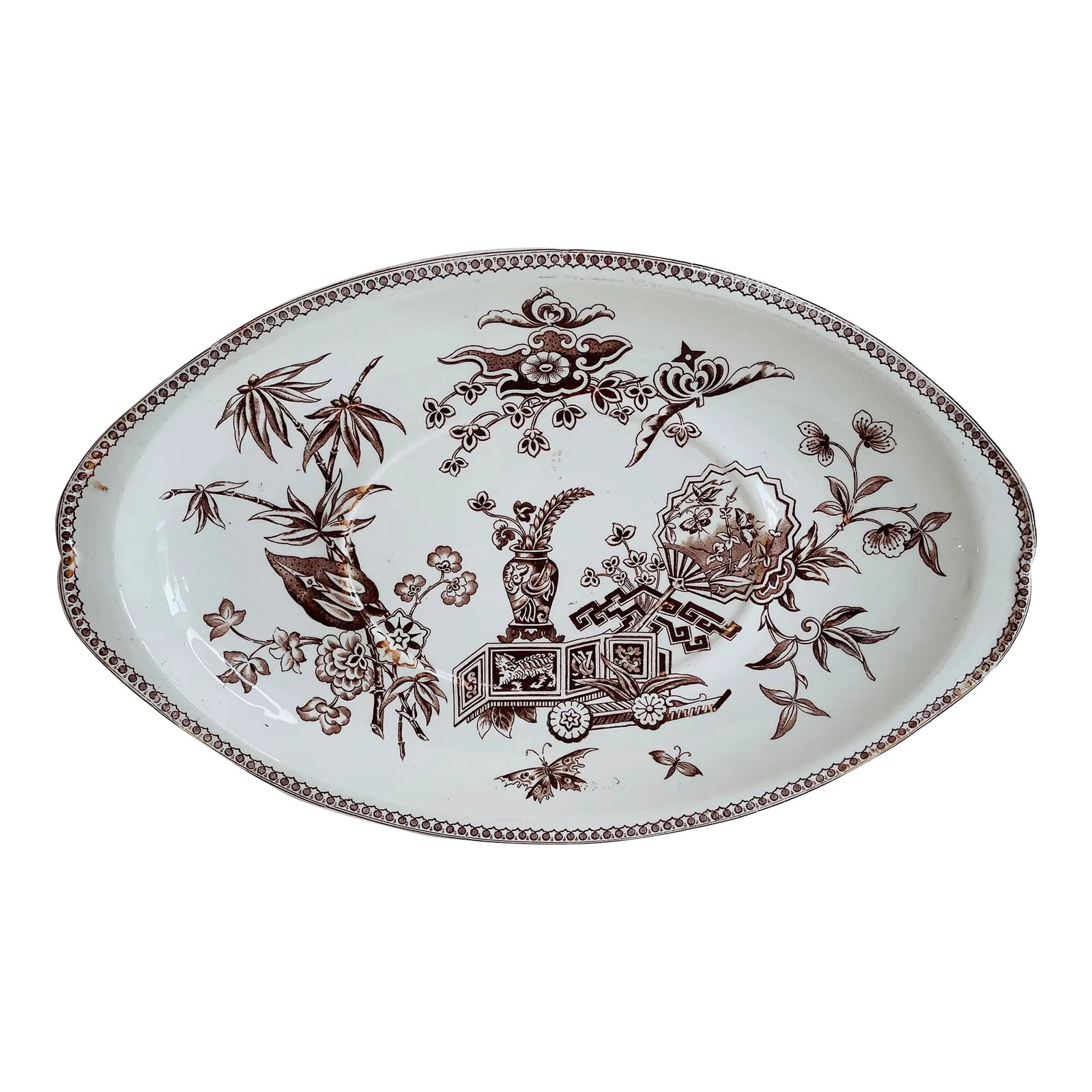 English Ironstone Brown Transfer Ware Tureen Platter by T. Elsmore & Sons: English Ironstone Brown Transfer Ware Tureen Platter by T. Elsmore & Sons An elegant antique English ironstone tureen platter by T. Elsmore & Sons, featuring a beautifully detailed brown transfer