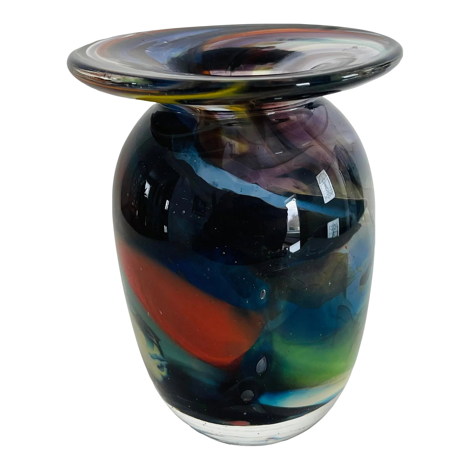 J. Schneider 2004 Studio Art Glass Hand Blown Swirl Vase Signed: J. Schneider 2004 Studio Art Glass Hand Blown Swirl Vase Signed. Excellent used condition. Beautiful color! Measures 3.75"Dia x 5"H. Marked underneath. Condition: Alterations: Original Condition