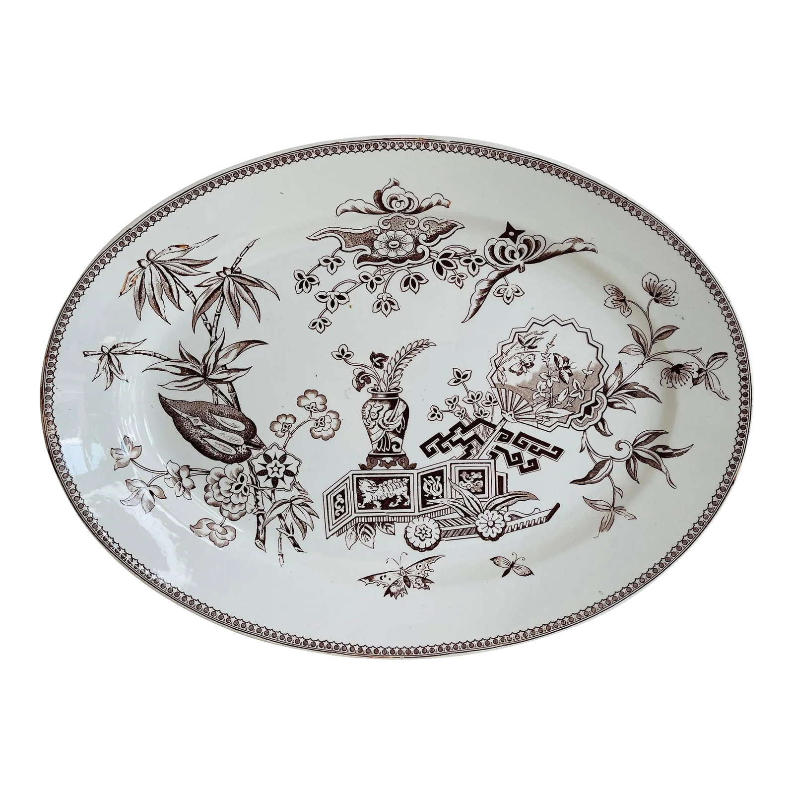 English Ironstone Brown Transfer Ware Platter by T. Elsmore & Sons: English Ironstone Brown Transfer Ware Platter by T. Elsmore & Sons Add a touch of English antique charm to your collection with this beautiful brown transfer ware ironstone platter by T. Elsmore & Son