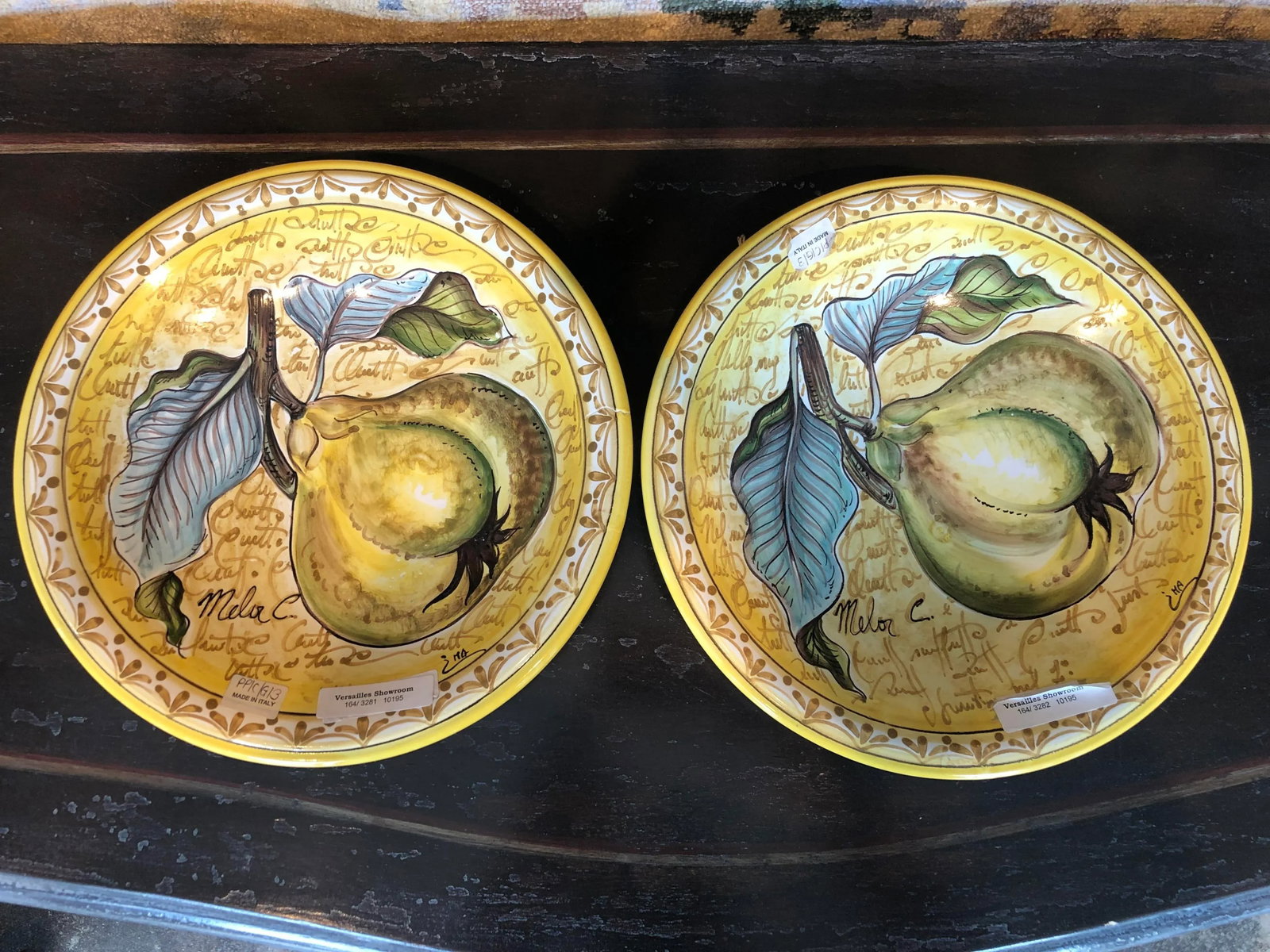 1990s Italian Hand Painted Round Ceramic Pear Wall Plates - a Pair - 9