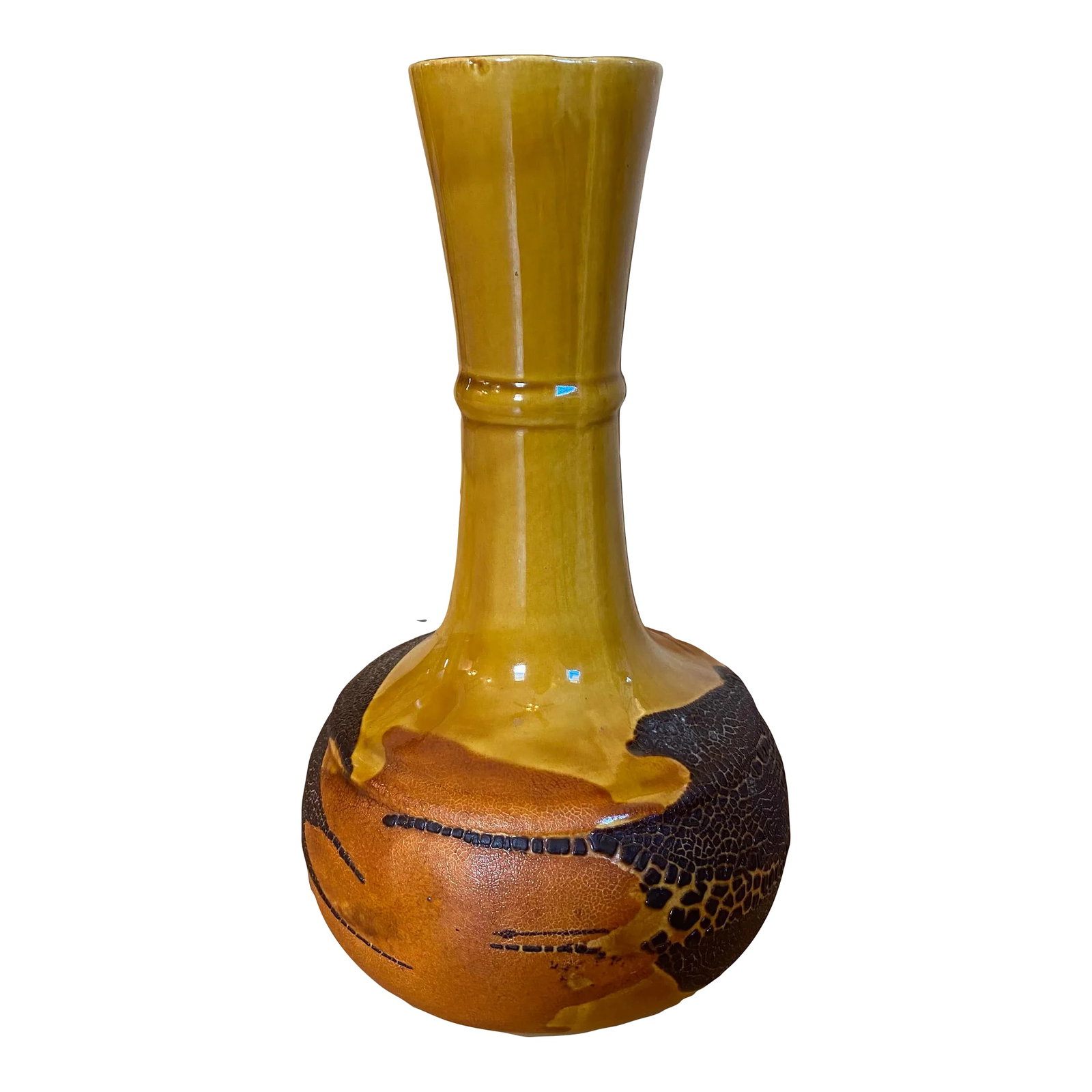 1970's Royal Haeger Yellow Earth Wrap Vase - Unsigned: This is a vintage 1970's unsigned Royal Haeger earth wrap, lava glaze, crackle vase. It features groovy earth tones of yellow, orange and brown. It is in excellent vintage condition. SMOKE FREE/PET