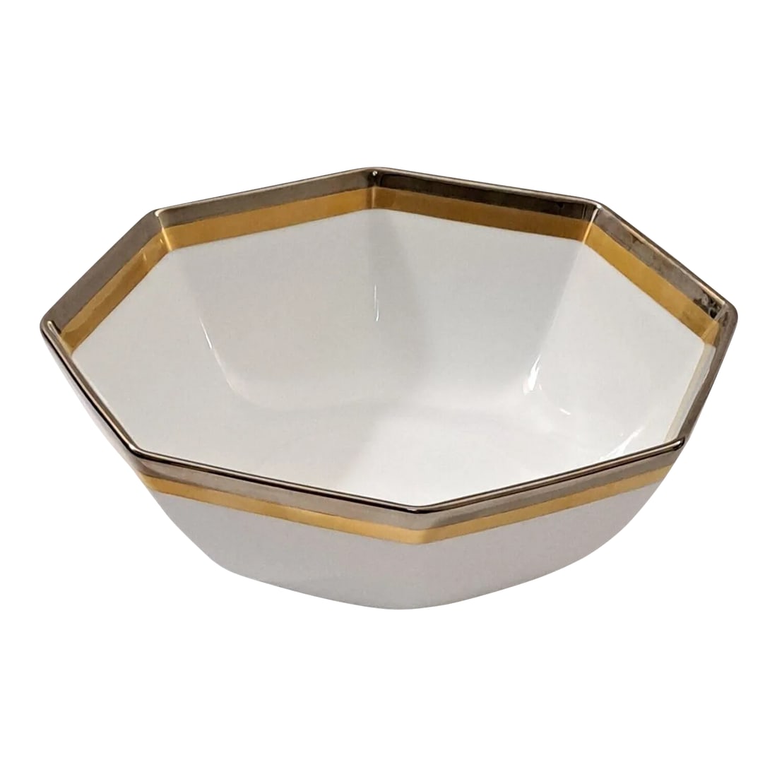Vintage Fitz & Floyd Platine d'OR Octagonal Serving Vegetable Bowl, Japan: SKU: OT 2482 Fitz & Floyd Platine d'OR Octagonal Serving Vegetable Bowl 9" Dia. Vintage Japan Brand: Fitz & Floyd Type: Serving Octagonal Bowls Material: Bone China Color: White, platinum and gold