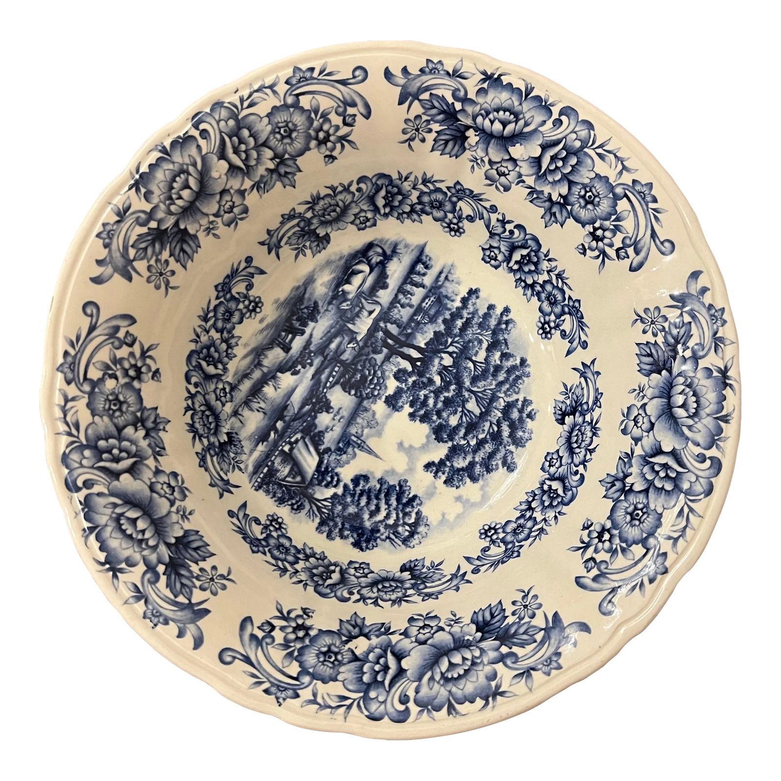 1980s Vintage Blue Ironstone Vegetable Bowl Home Country Myott Staffordshire England: Vintage vegetable serving bowl. Ironstone floral and country scene. I have matching items listed separately. Stamped on the bottom "Home Country Myott Staffordshire England " Condition: Alterations: