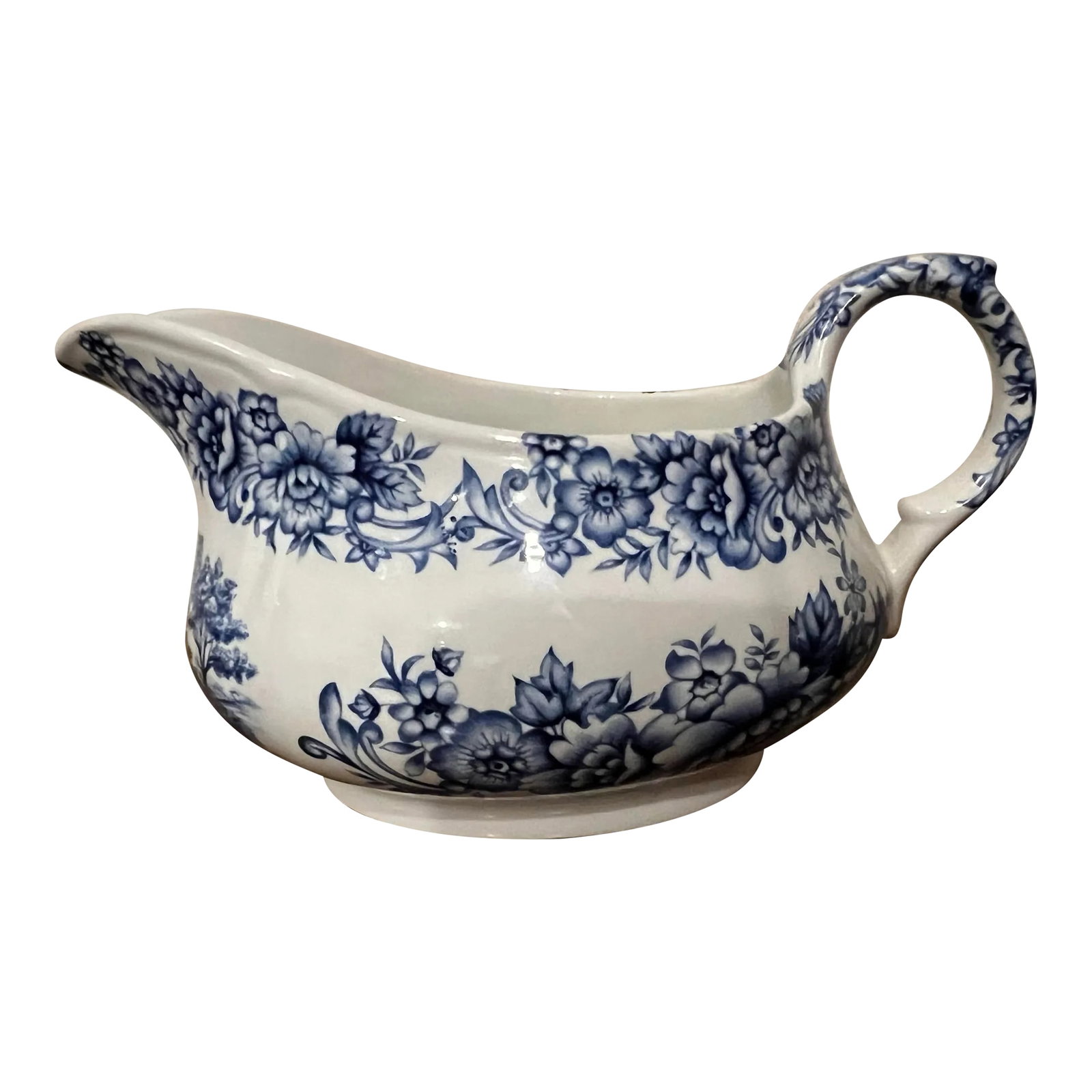 1980s Vintage Blue Floral Ironstone Gravy Boat: Ironstone Gravy boat. Blue floral and country scene. I have other matching items listed separately. Condition: Alterations: Original Condition Unaltered Imperfections: Some Imperfections Condition