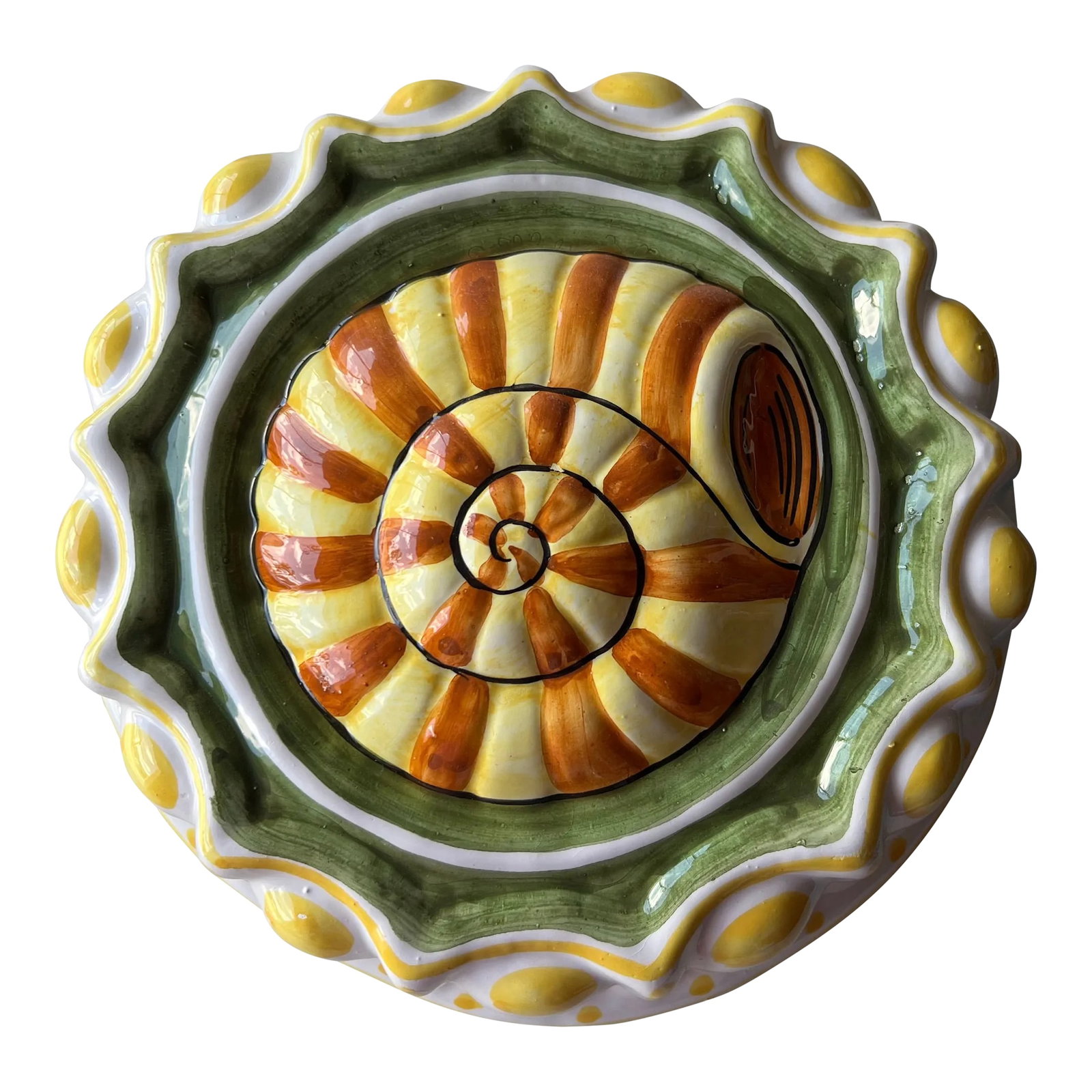 Vintage Decorative Round Ceramic Mold: Vintage round Porcelain mold with the design of a psychedelic mollusk. Mollusk is hand painted in Yellow and Brown with a green edge. The outer rim of the mold has Yellow polka Dots. This has two