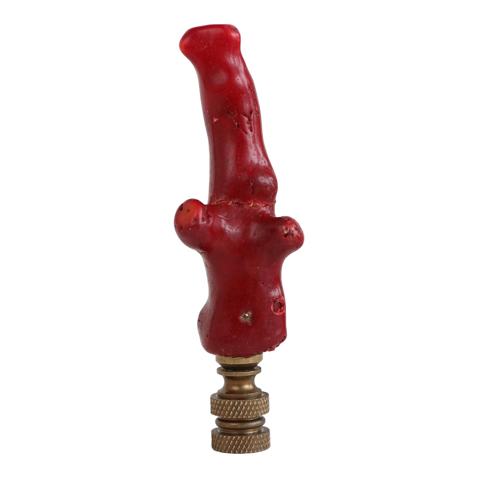 Red Coral Lamp Finial on Bronze Hardware: Upgrade your existing lighting or add a distinctive finishing touch to any table lamp with a designer lamp finial. Crafted from a red pigmented coral specimen on a knurled bronze tone swivel base. You