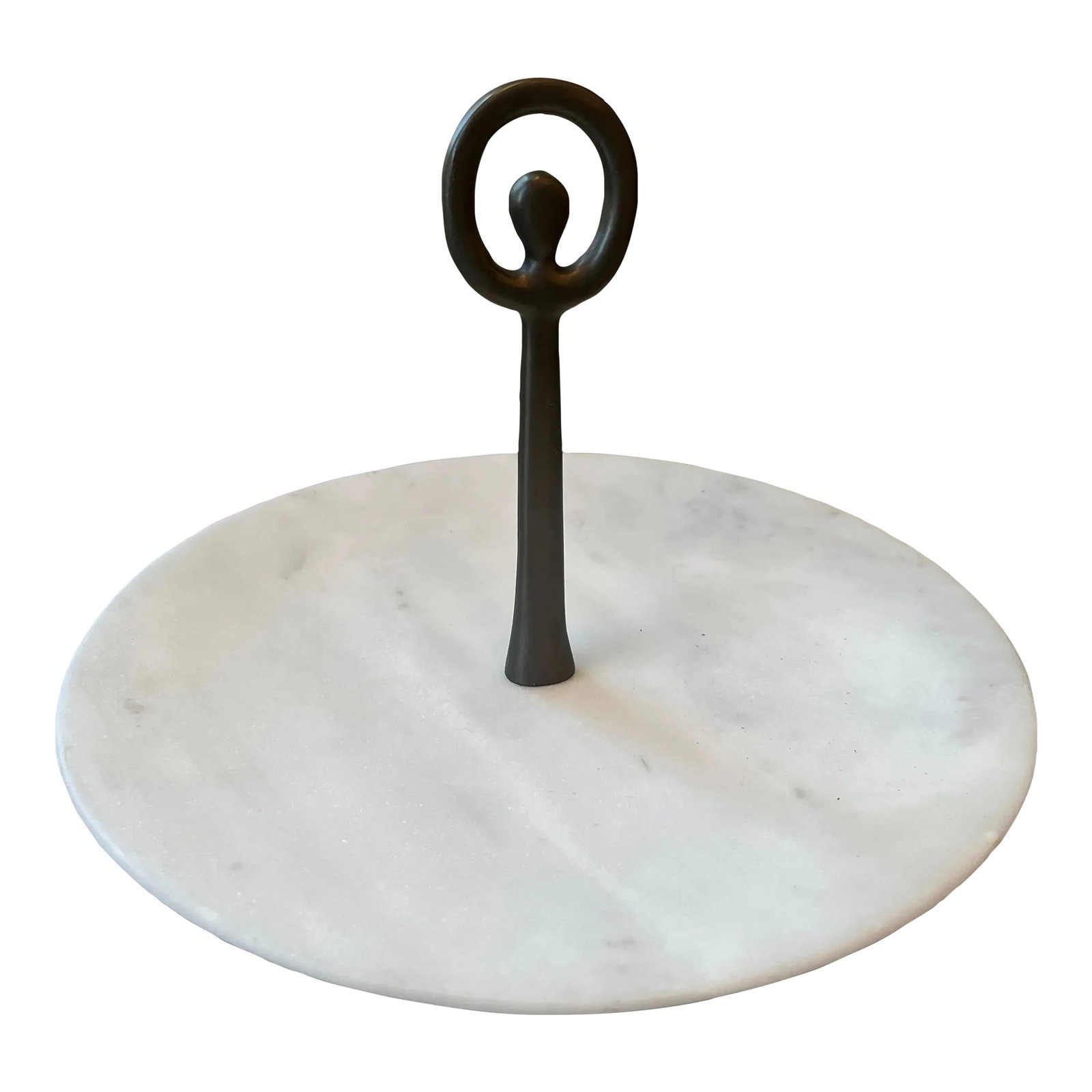 The Althaea Series "Anassa" Marble Round Serving Plate With Bronze Handle by Anaktae: Gorgeous round serving plates in solid white marble with oxidized cast brass handle in a bronze finish inspired by ancient Greek symbols and forms. 10 3/4 inches/ 27.3 CM in diameter by 7 1/2 inches/