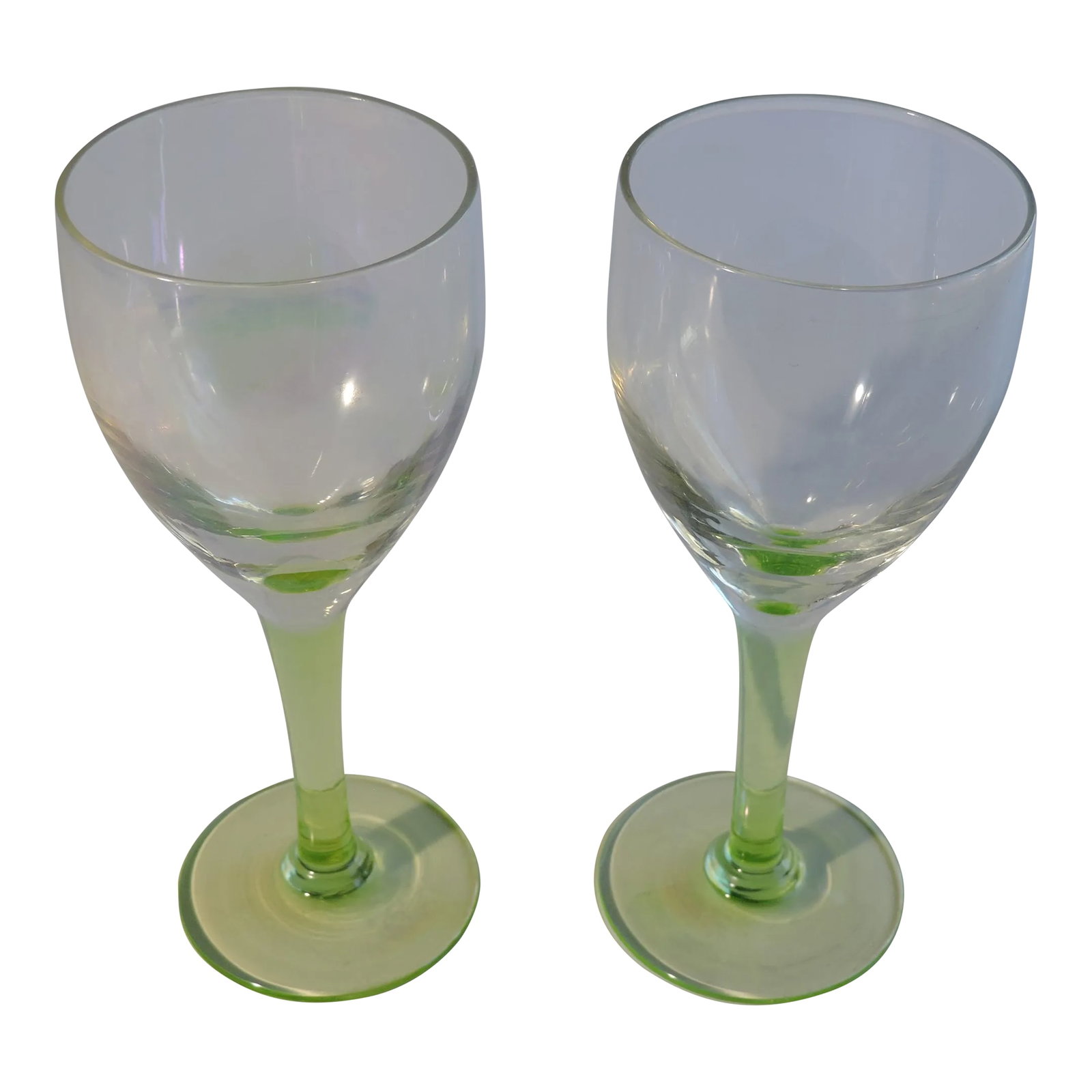 Circa 1920 Weston Glass Hand BLown Vaseline Glass Stem Liqour Cocktail Glasses- a Pair: This pair of two antique Vaseline glass high quality hand blown liqour cocktail glasses were made by the Weston Glass Co. from Weston West Virginia and they were made in the 1920's. These liqour cockt