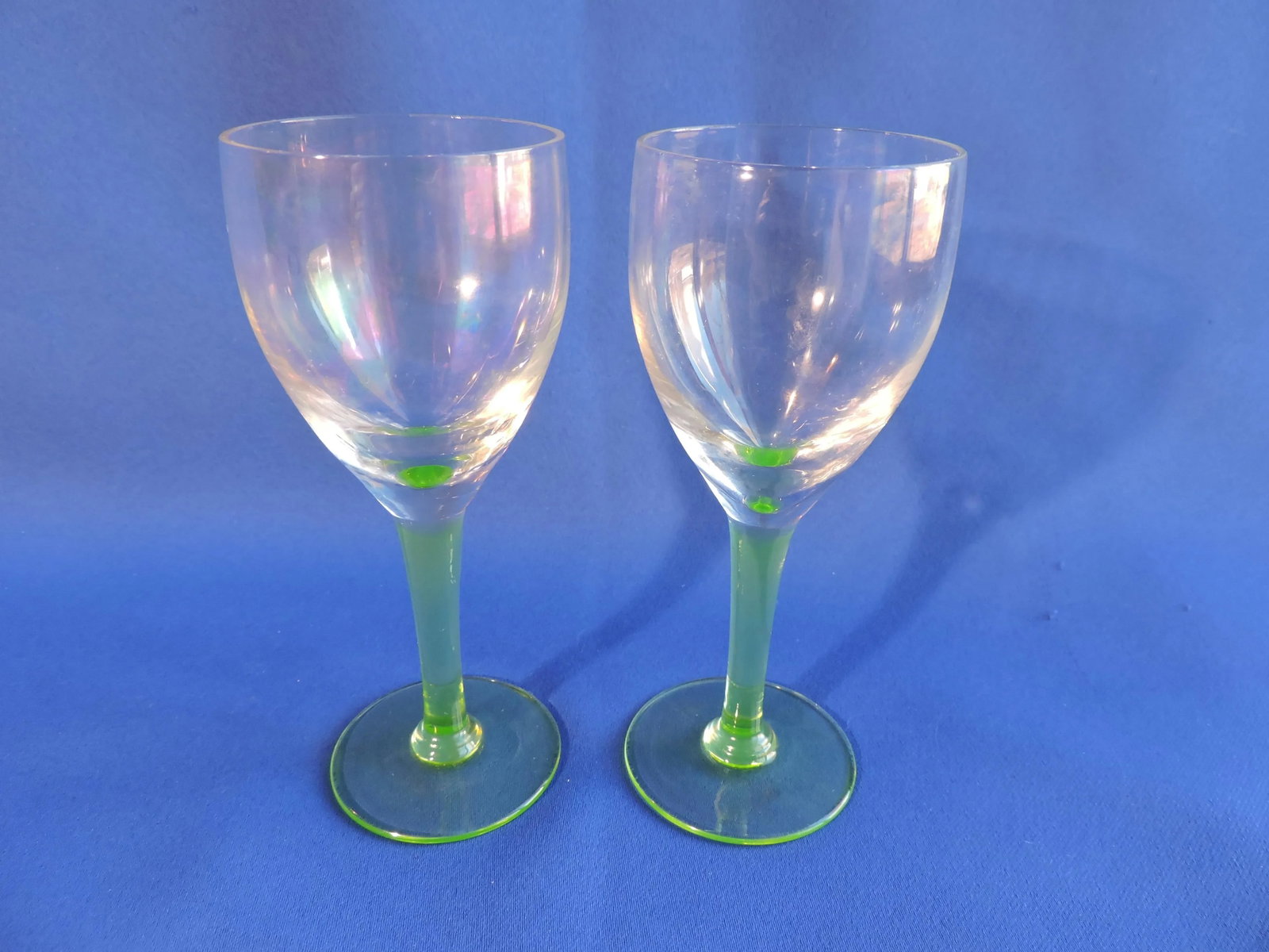 Circa 1920 Weston Glass Hand BLown Vaseline Glass Stem Liqour Cocktail Glasses- a Pair - 3