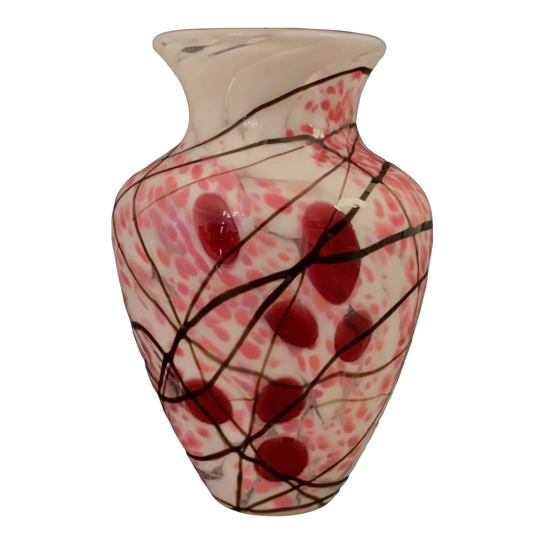 Dartington Art Glass Vase in the Kyoto Design 1993: 4.5" high, this beautiful little handblown Dartington crystal vase is in the 'Kyoto' design - and you can see why! With the blotches of pinks and reds representing the cherry blossom beautifully. It