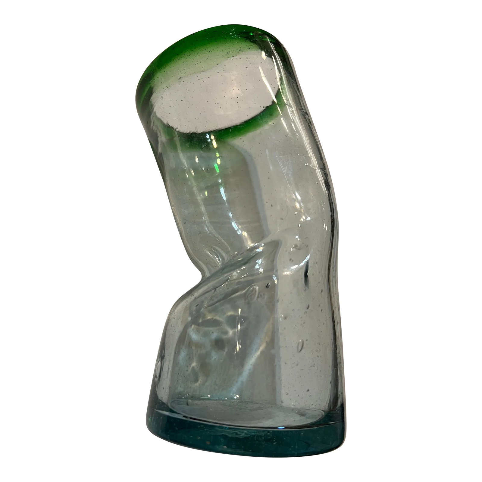 Vintage Handmade Bent Blown Glass Vase: 1970s Glass blown vase. Air bubbles in the glass. The top rim has a green color. Has a crushed soda can appearance. Measuring 6.75" tall with 3" base and rim. Condition: Alterations: Original Conditio