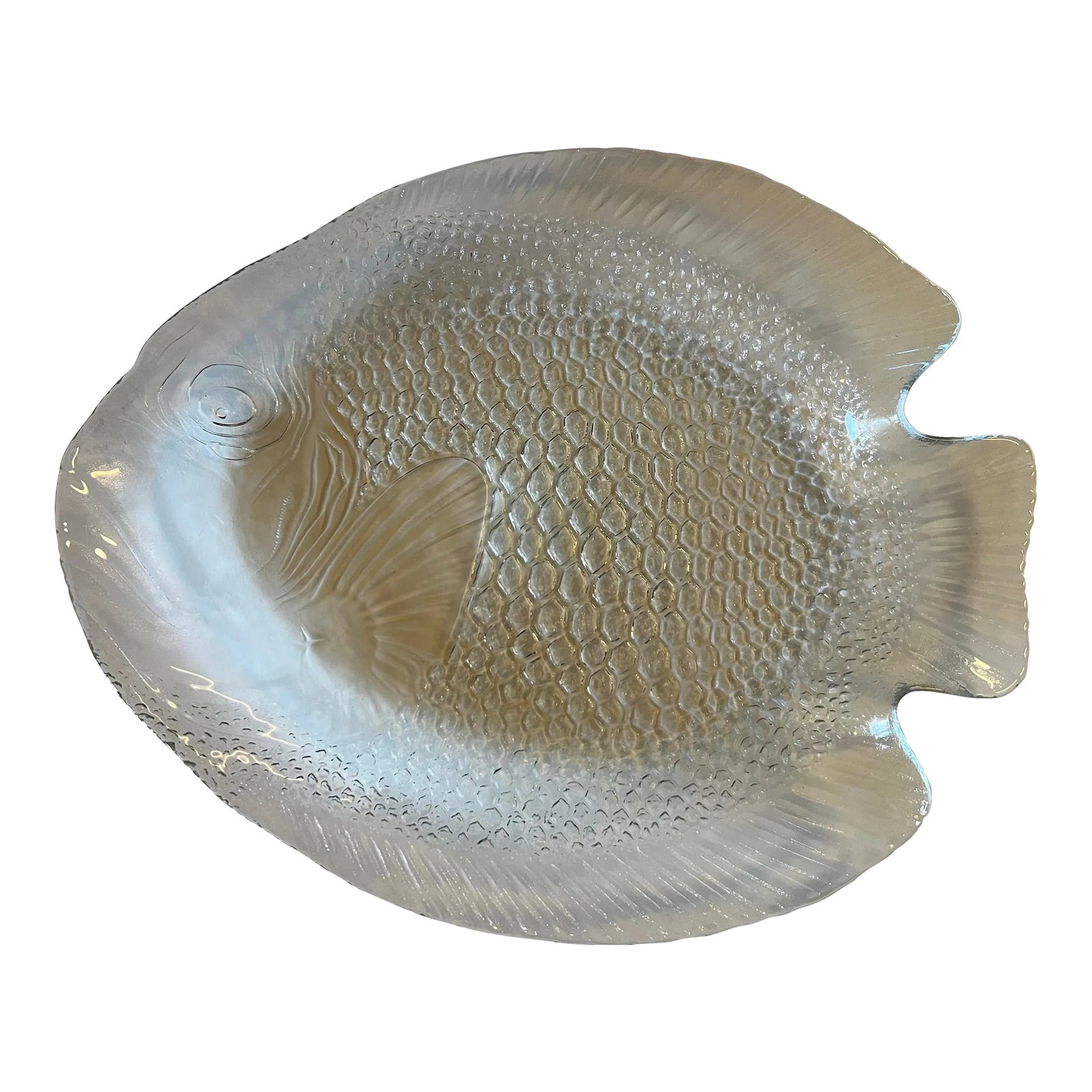 Mid Century Glass Embossed Fish Platter: Mid Century Large clear embossed glass platter of a fish. Measuring 15" Condition: Alterations: Original Condition Unaltered Imperfections: Some Imperfections Condition Notes: Excellent condition