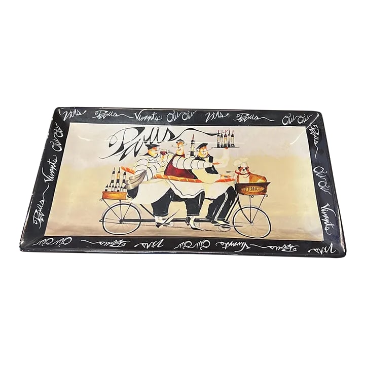 Vintage Large Black & White 'AuParis'Au French Chef Platter: Large rectangular whimsical serving platter. Black and white French chef. Great pies to display or use in a kitchen. Measuring 18.25" x 10". Condition: Alterations: Original Condition Unaltered