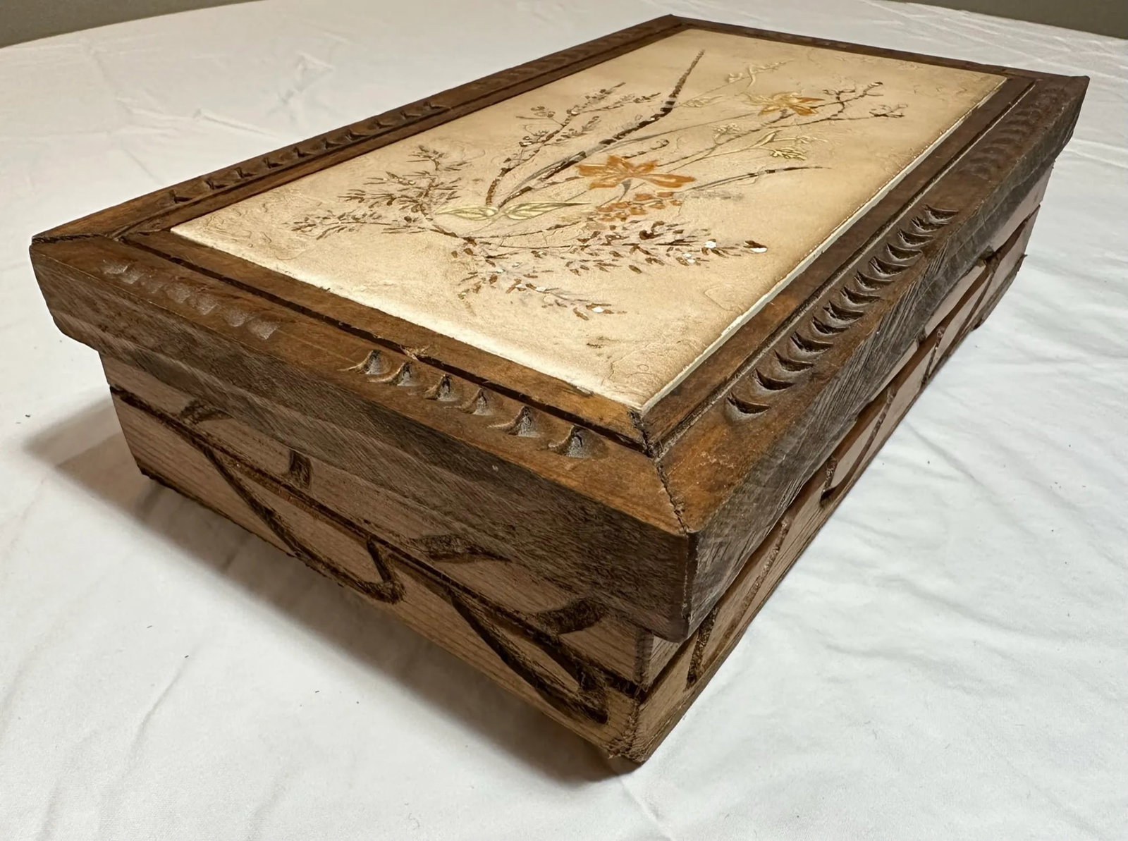 Vintage Mid 20th Century Italian Hand Carved Wooden Box With Flower Tile Top - 12