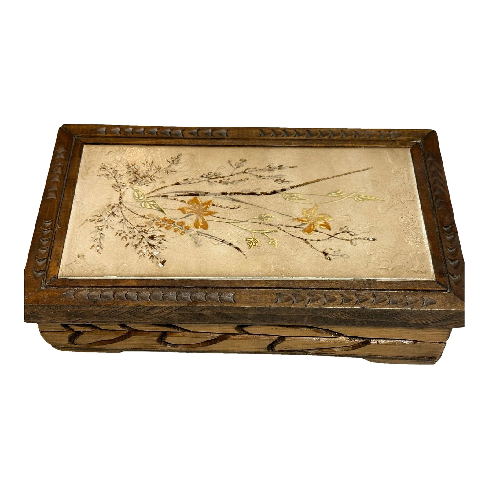 Vintage Mid 20th Century Italian Hand Carved Wooden Box With Flower Tile Top: Exquisite Vintage Italian Hand Carved Wooden Box with Flower Tile Top. Box details: Height: 2.75 in Width: 10 in. Depth: 6 in. Condition: Alterations: Original Condition Unaltered Imperfections: Some