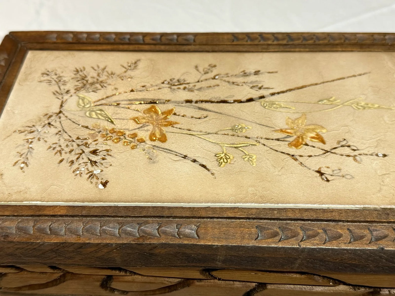 Vintage Mid 20th Century Italian Hand Carved Wooden Box With Flower Tile Top - 2