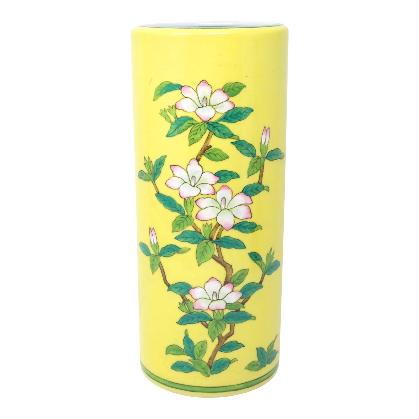 Vintage Yellow Floral Chinoiserie Ceramic Hat Stand or Vase: A vintage, hand-painted ceramic hat stand or vase, decorated with a yellow background, greenery and flowers. Good condition. Condition: Alterations: Original Condition Unaltered Imperfections: Some
