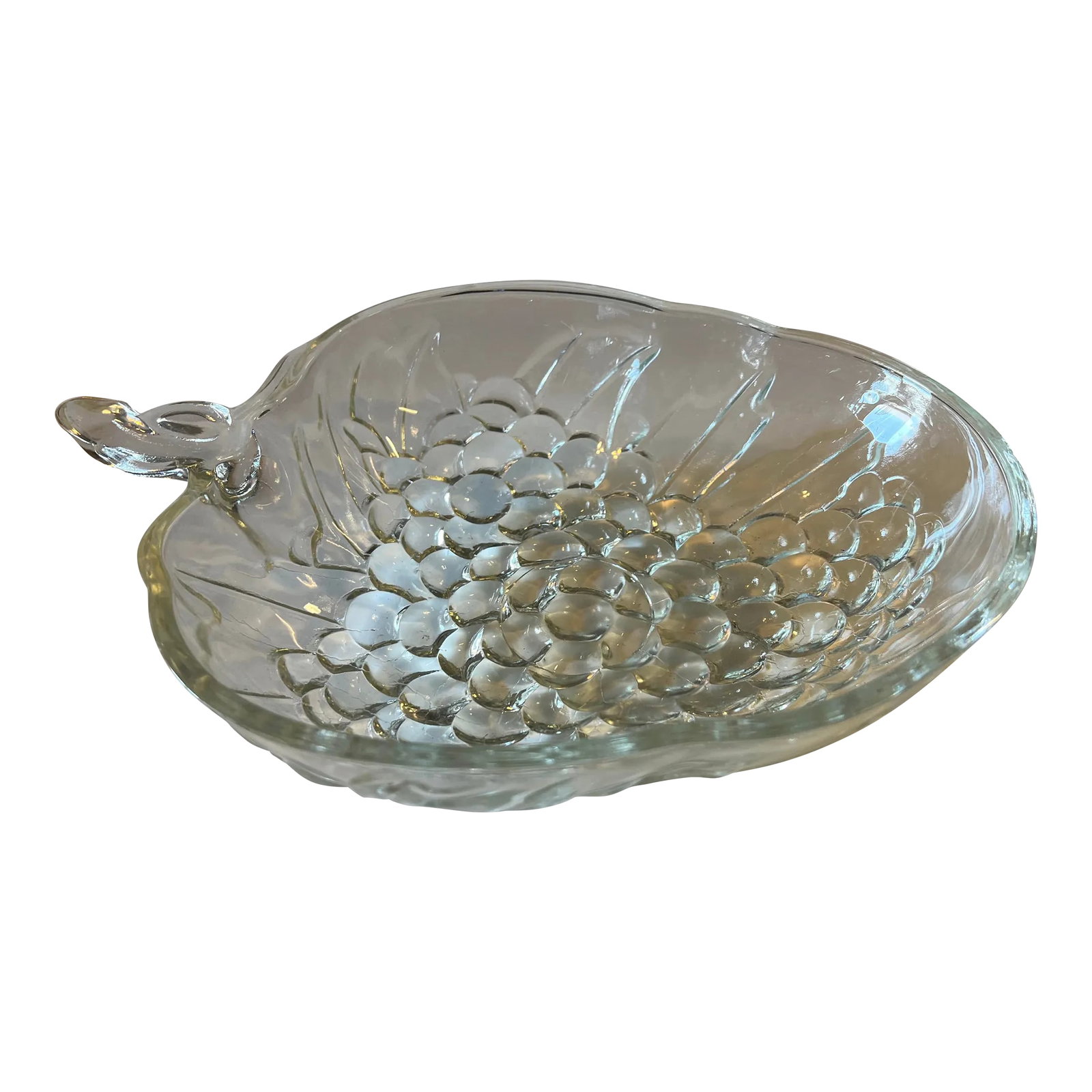 Vintage Clear Glass Fruit Bowl Bundle of Grape: Vintage INDIANA GLASS 10" x 13" Clear Grape Shape Bowl Bubble Design. About 3" deep. Condition: Alterations: Original Condition Unaltered Imperfections: Some Imperfections Condition Notes: Good