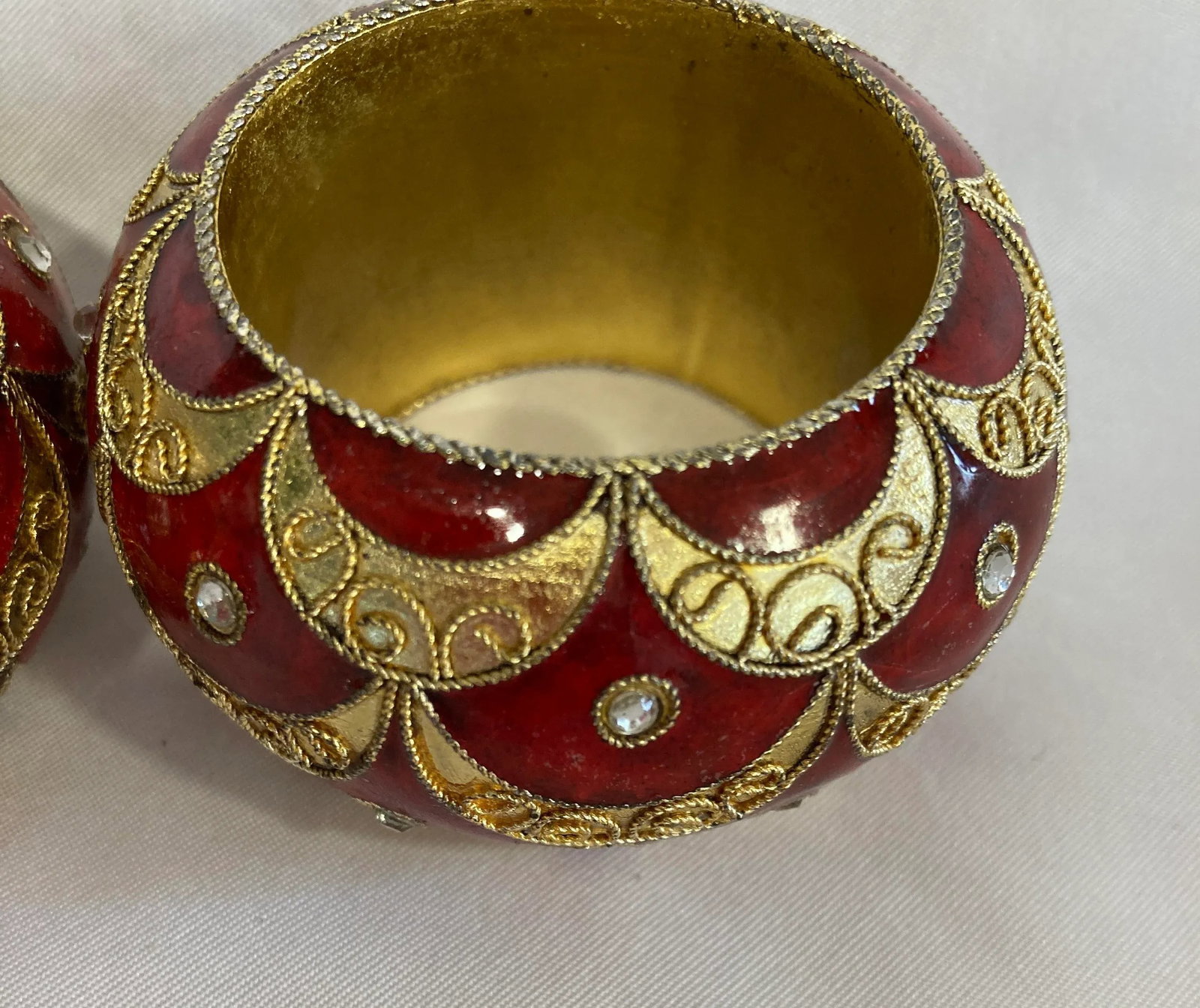 1990s Red & Gold Metal Napkin Rings- Set of 2 - 3
