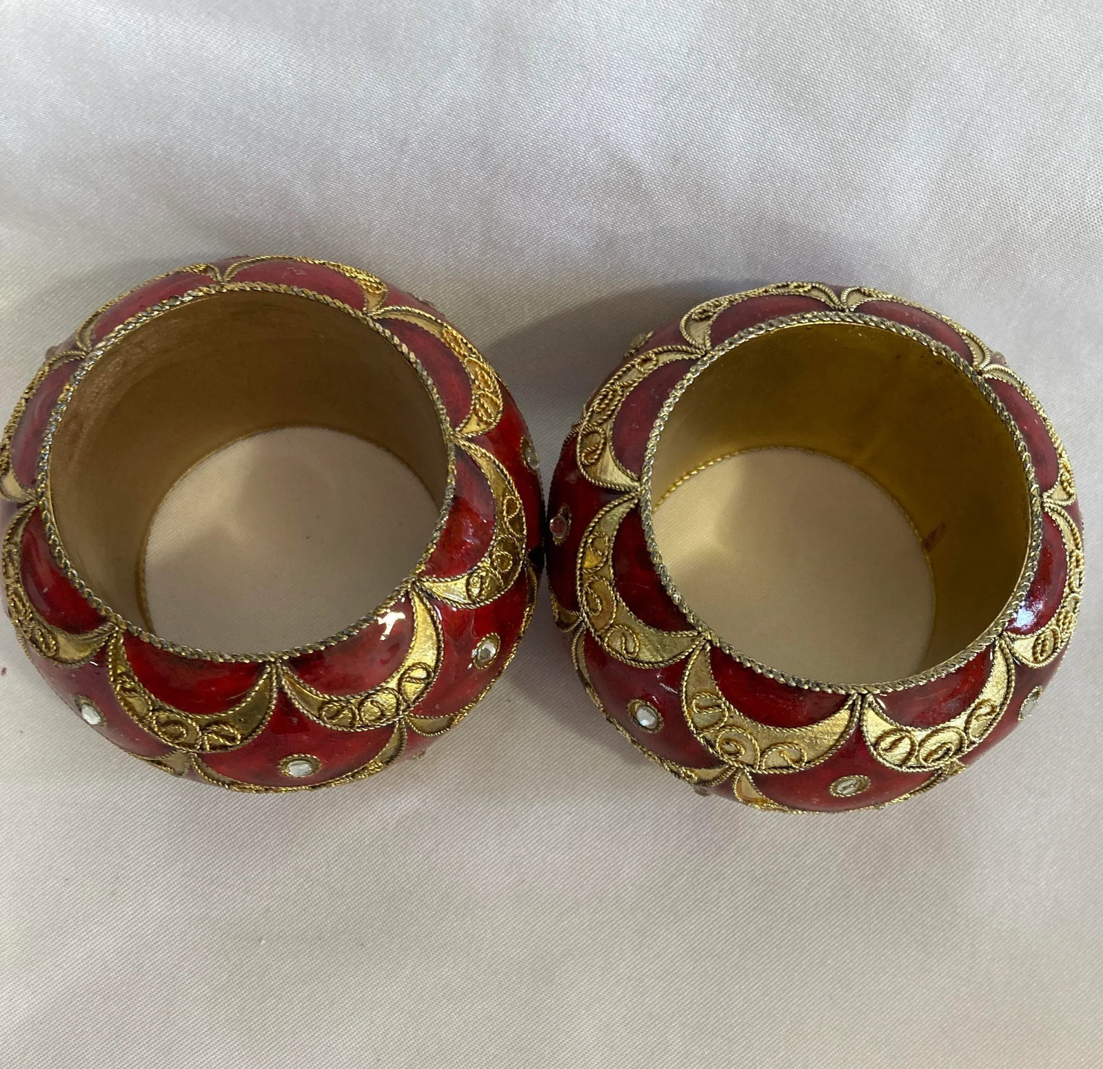 1990s Red & Gold Metal Napkin Rings- Set of 2 - 5