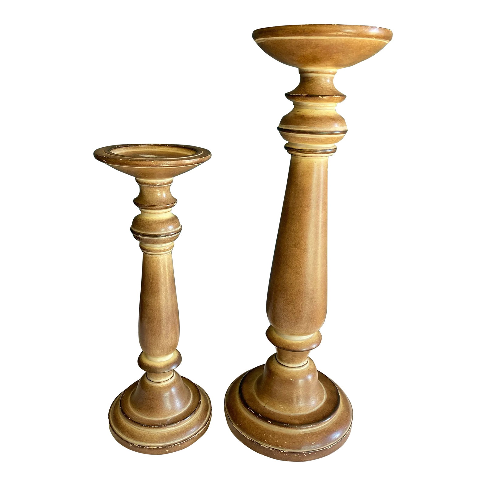 Solid Turned Wood Pillar Candlesticks- Set of 2: This pair of vintage turned wood candlesticks features an elegant pedestal-style design with classic silhouettes and a warm, golden wood finish. Their substantial height and stately presence make
