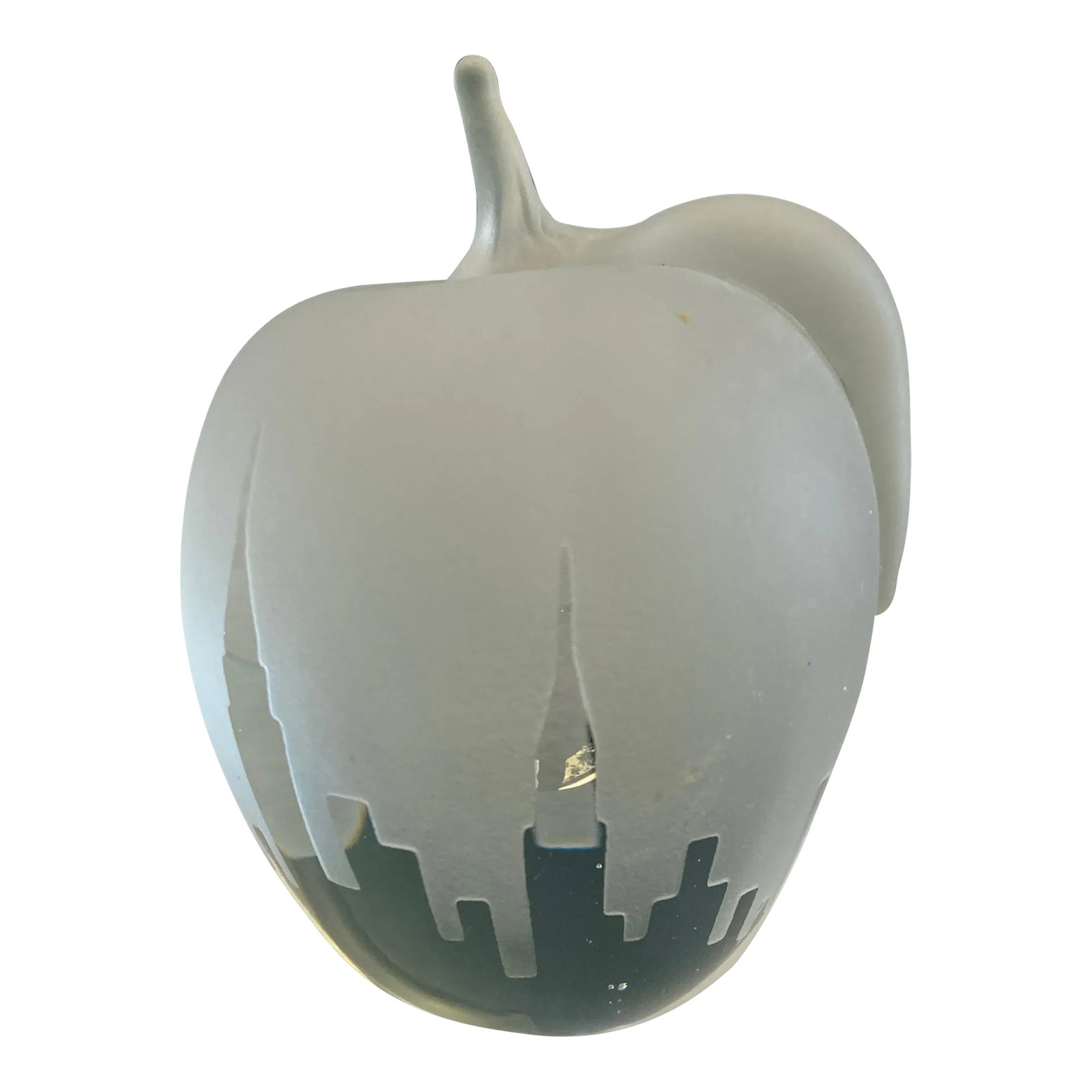 Vintage New York City Skyline Glass Apple Paperweight: This vintage glass apple paperweight features a striking etched New York City skyline design, capturing the iconic spirit of the Big Apple. The clear glass form is beautifully shaped and detailed,