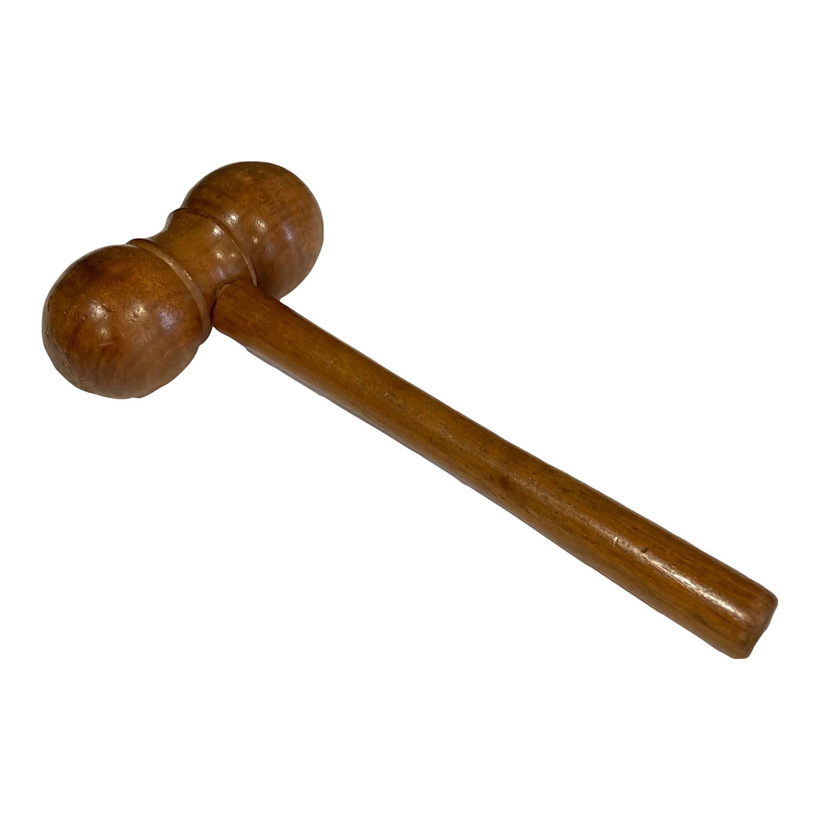 Antique Turned Wood Gavel, Double-Head Judge's or Auctioneer's Hammer: A vintage finds decorative accent with real presence - this antique wooden gavel features a distinctive double-ball head joined by a smoothly turned handle. With its rich aged patina, it makes a