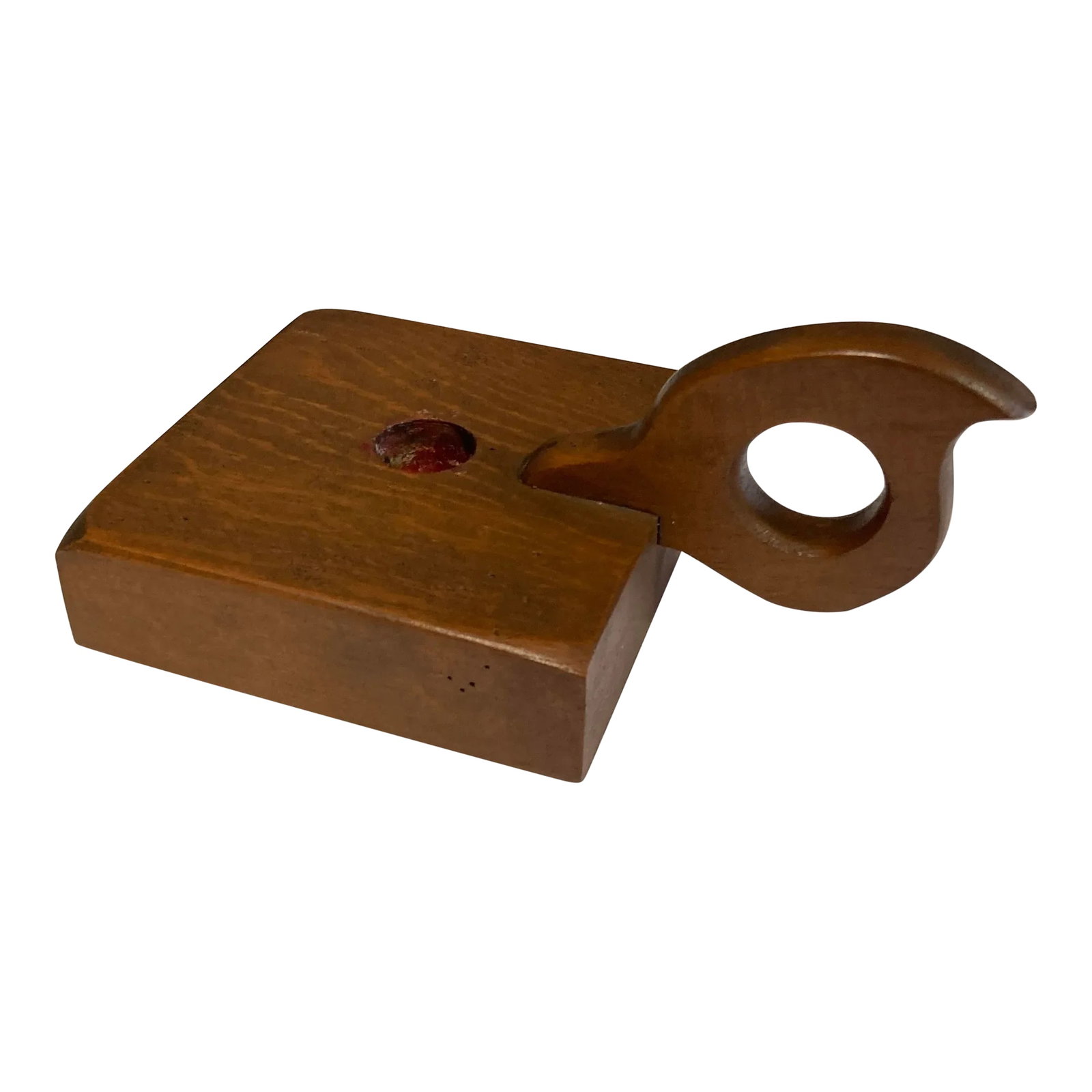 Antique Primitive Wooden Chamberstick Candle Holder: A charming vintage wooden chamberstick-style candle holder featuring a distinctive sculptural handle and simple handcrafted form. Made from solid wood with a rich, aged finish, this piece embodies the