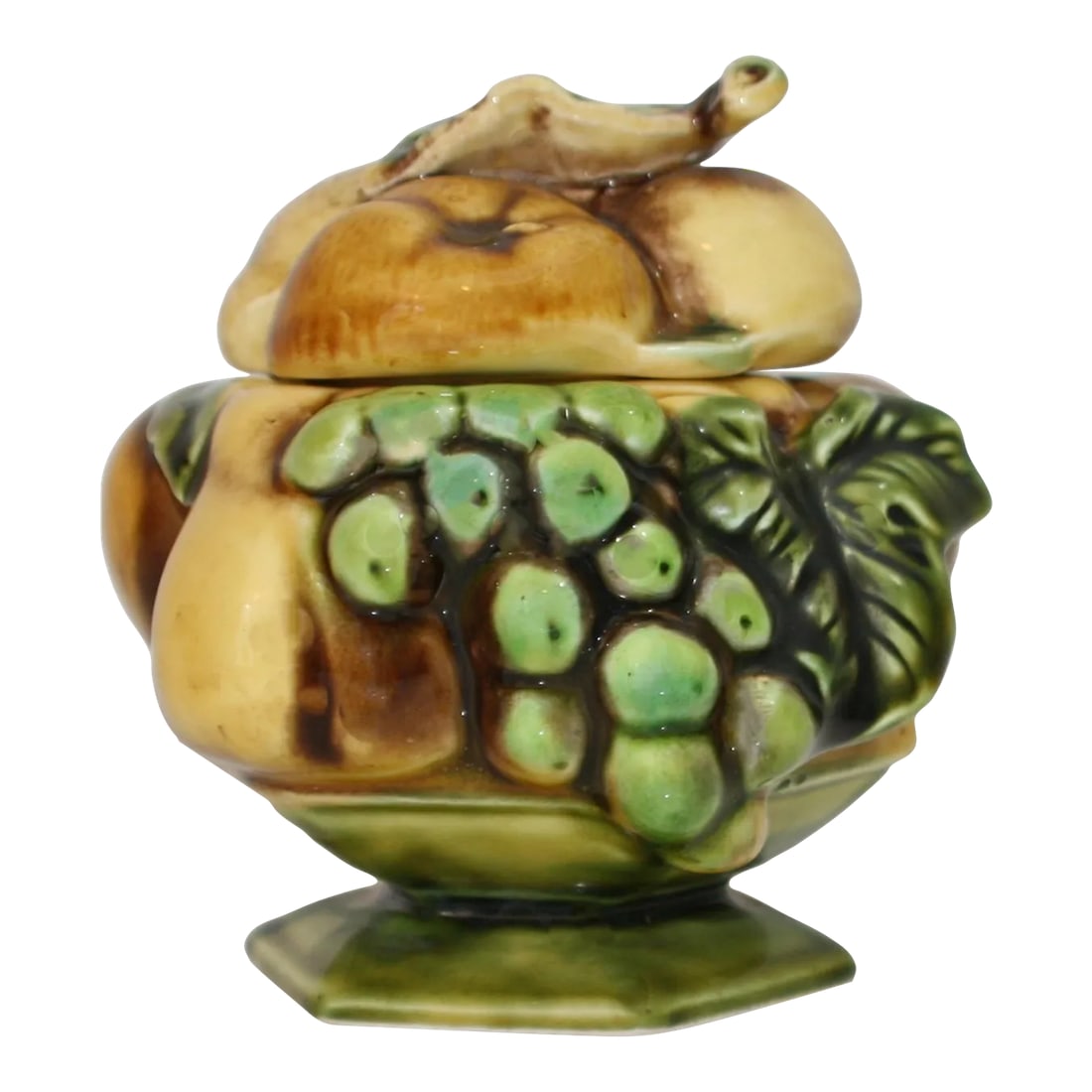Mid Century Inarco Japan Hexagonal Sugar Bowl With Brown & Green Tone Raised Fruit Detail: Vintage Inarco Ceramic Raised Fruit Footed Sugar Bowl With Lid Made In Japan This vintage sugar bowl with a lid was manufactured in Japan during the 1960s. The bowl & lid is a fruit pattern featuring 