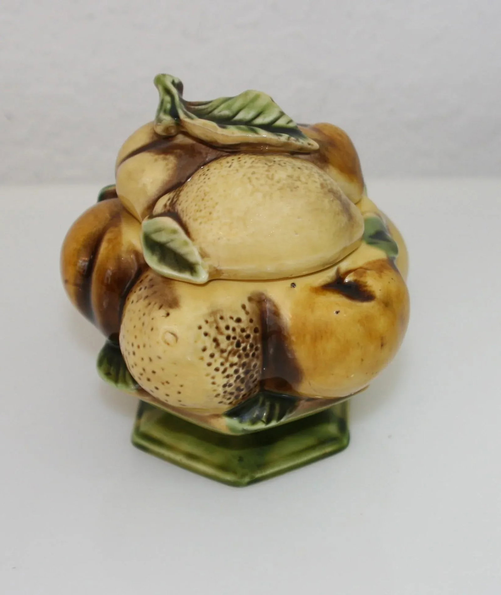 Mid Century Inarco Japan Hexagonal Sugar Bowl With Brown & Green Tone Raised Fruit Detail - 2