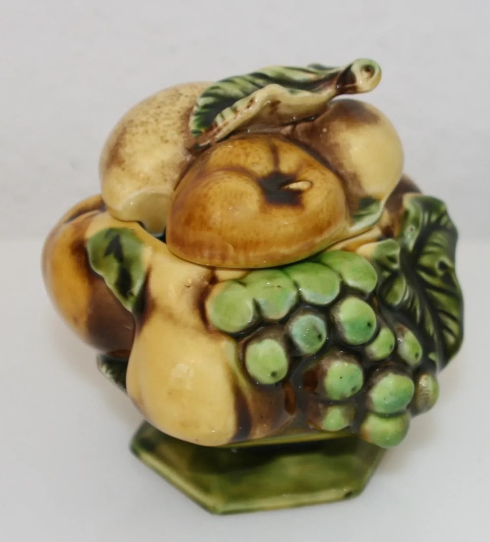 Mid Century Inarco Japan Hexagonal Sugar Bowl With Brown & Green Tone Raised Fruit Detail - 4