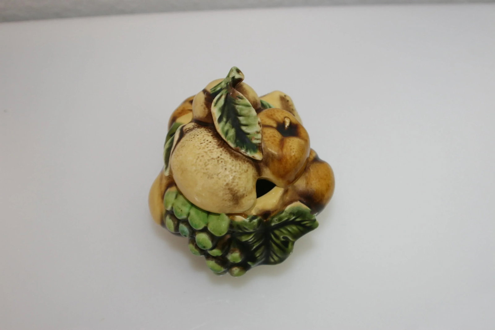 Mid Century Inarco Japan Hexagonal Sugar Bowl With Brown & Green Tone Raised Fruit Detail - 6
