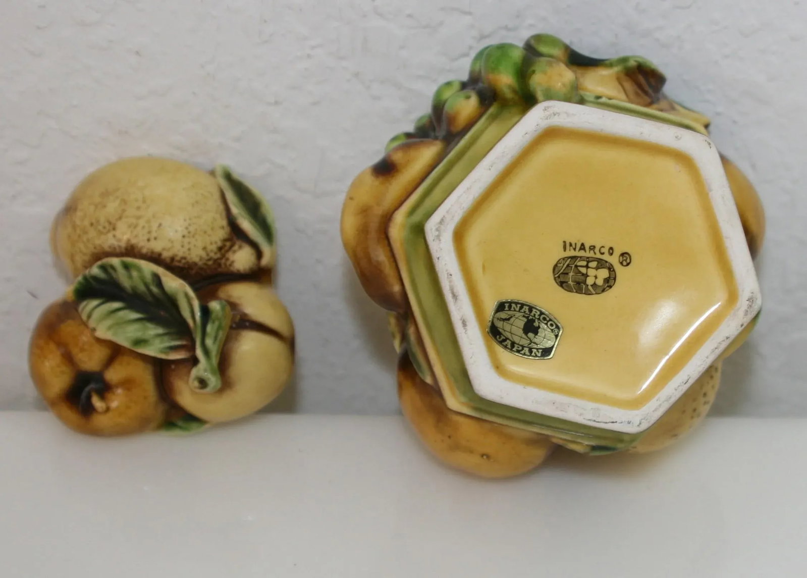 Mid Century Inarco Japan Hexagonal Sugar Bowl With Brown & Green Tone Raised Fruit Detail - 9