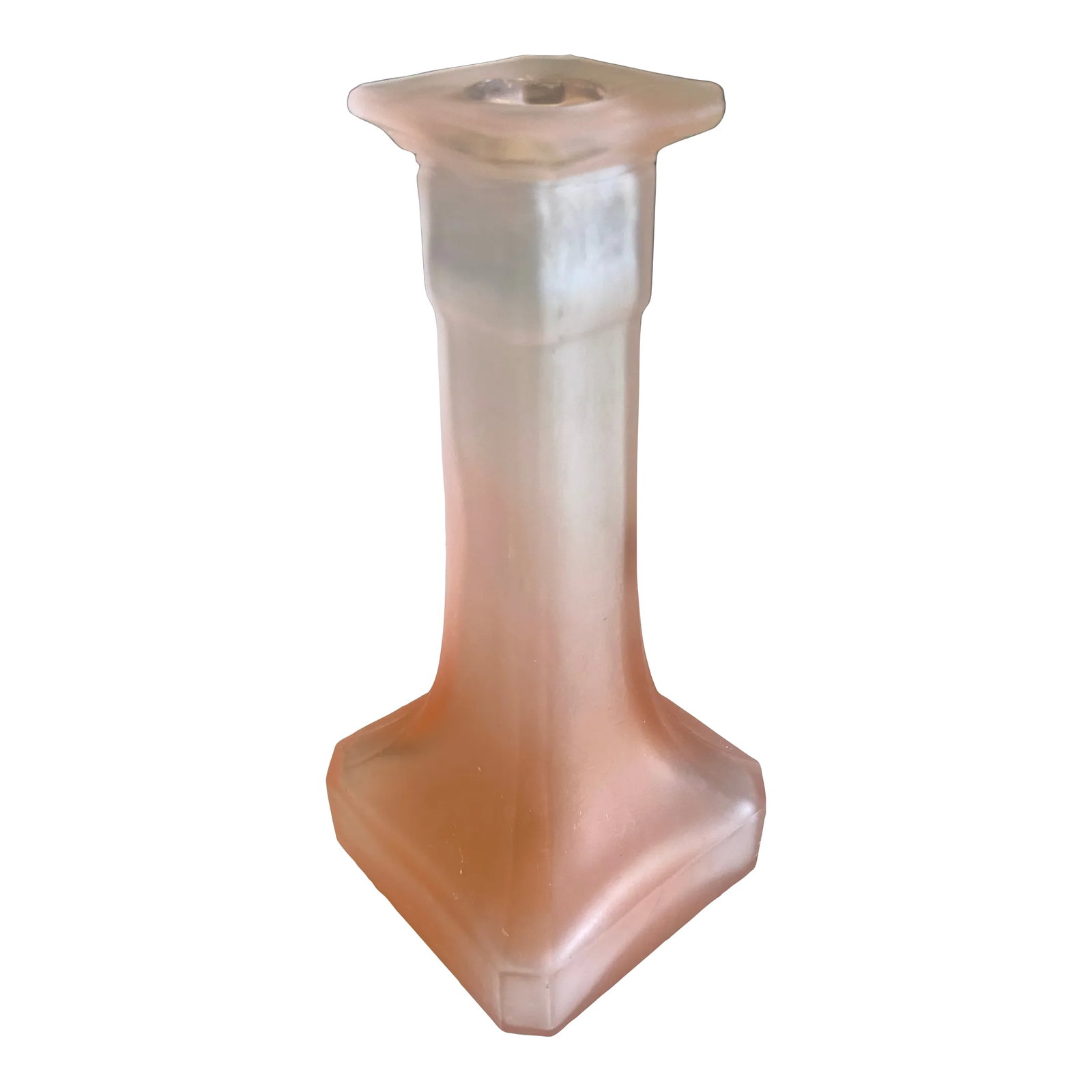 Taitu Italy Frosted Blush Glass Taper Candleholder: A sculptural frosted glass taper candleholder by Taitu, Italy, featuring a soft blush satin finish and architectural square base. The clean vertical form and wide candle cup create a striking modern