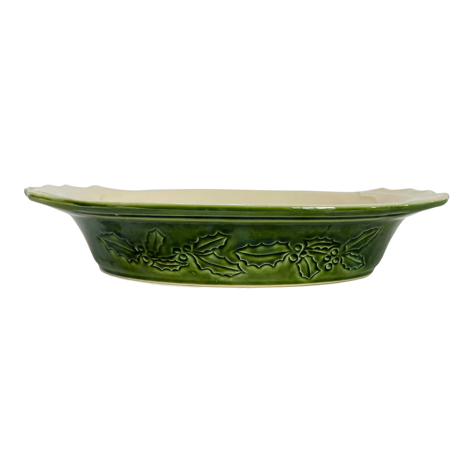 1990s Appolia French Ceramic Green Holy Berry Serving Dish: 1990s Appolia French Ceramic Green Holly Berry Serving Dish Add festive French charm to your table with this beautiful Appolia ceramic serving dish, crafted in France during the 1990s. Featuring a