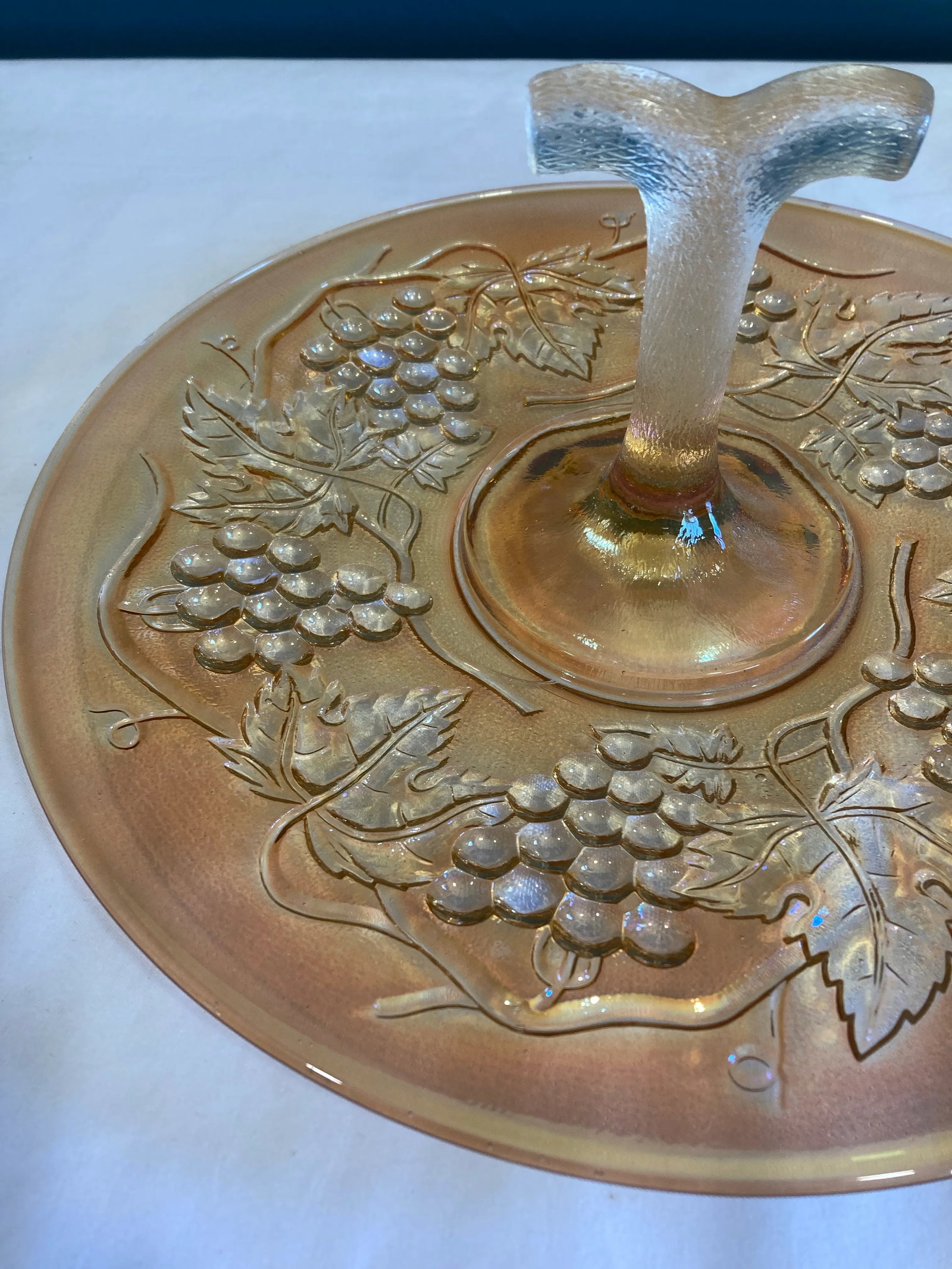 Vintage Amber Iridescent Etched Glass Cake Plate With Handle - 2
