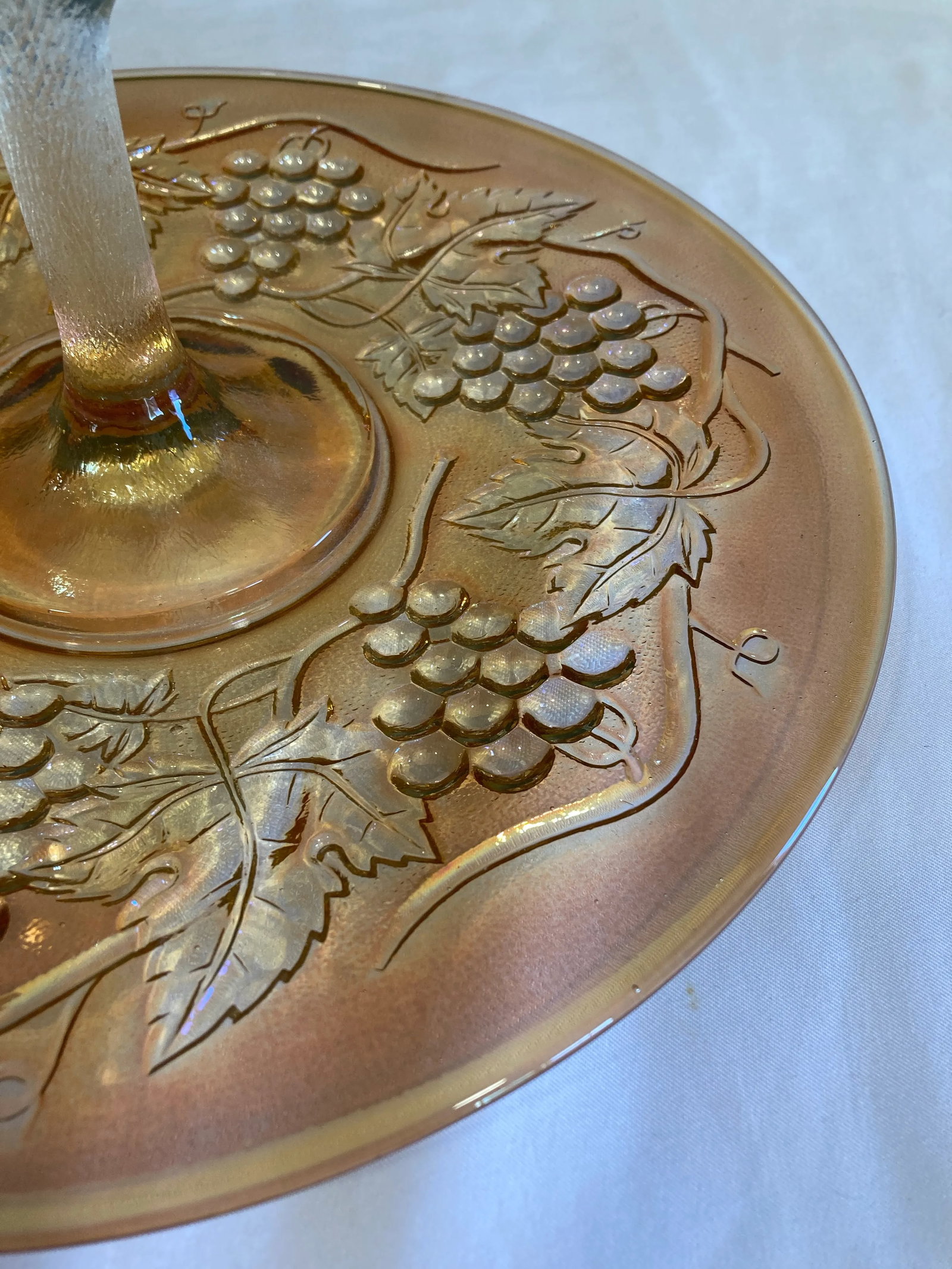 Vintage Amber Iridescent Etched Glass Cake Plate With Handle - 3