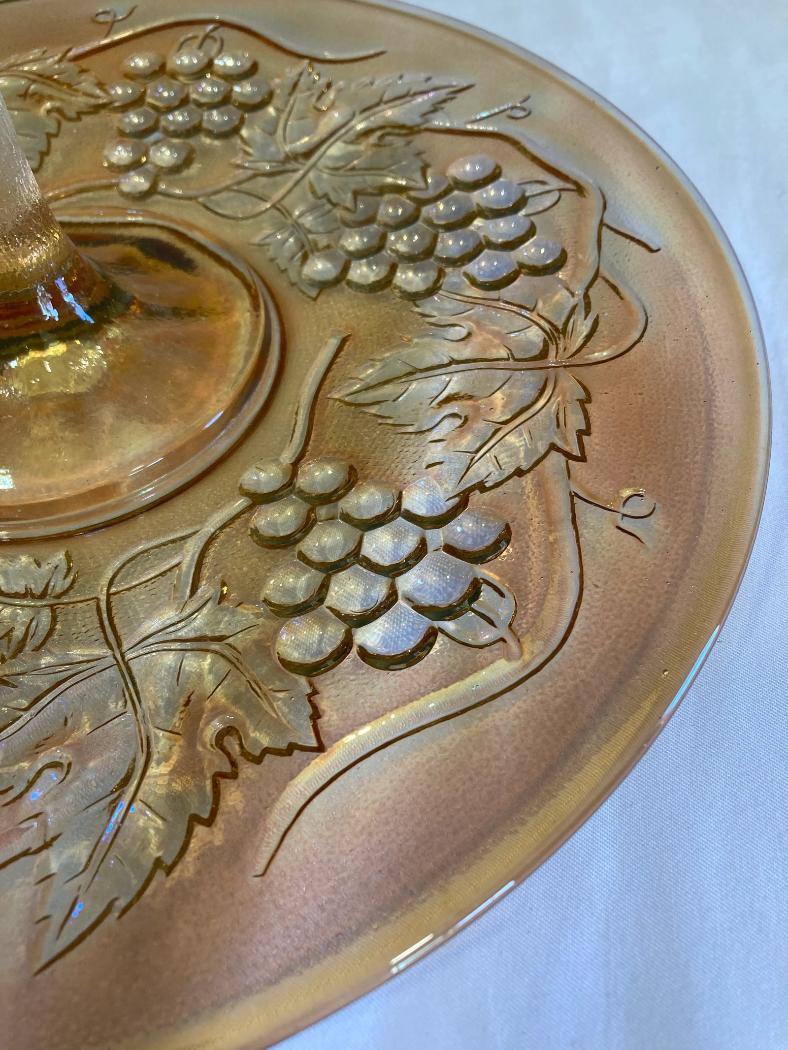 Vintage Amber Iridescent Etched Glass Cake Plate With Handle - 4
