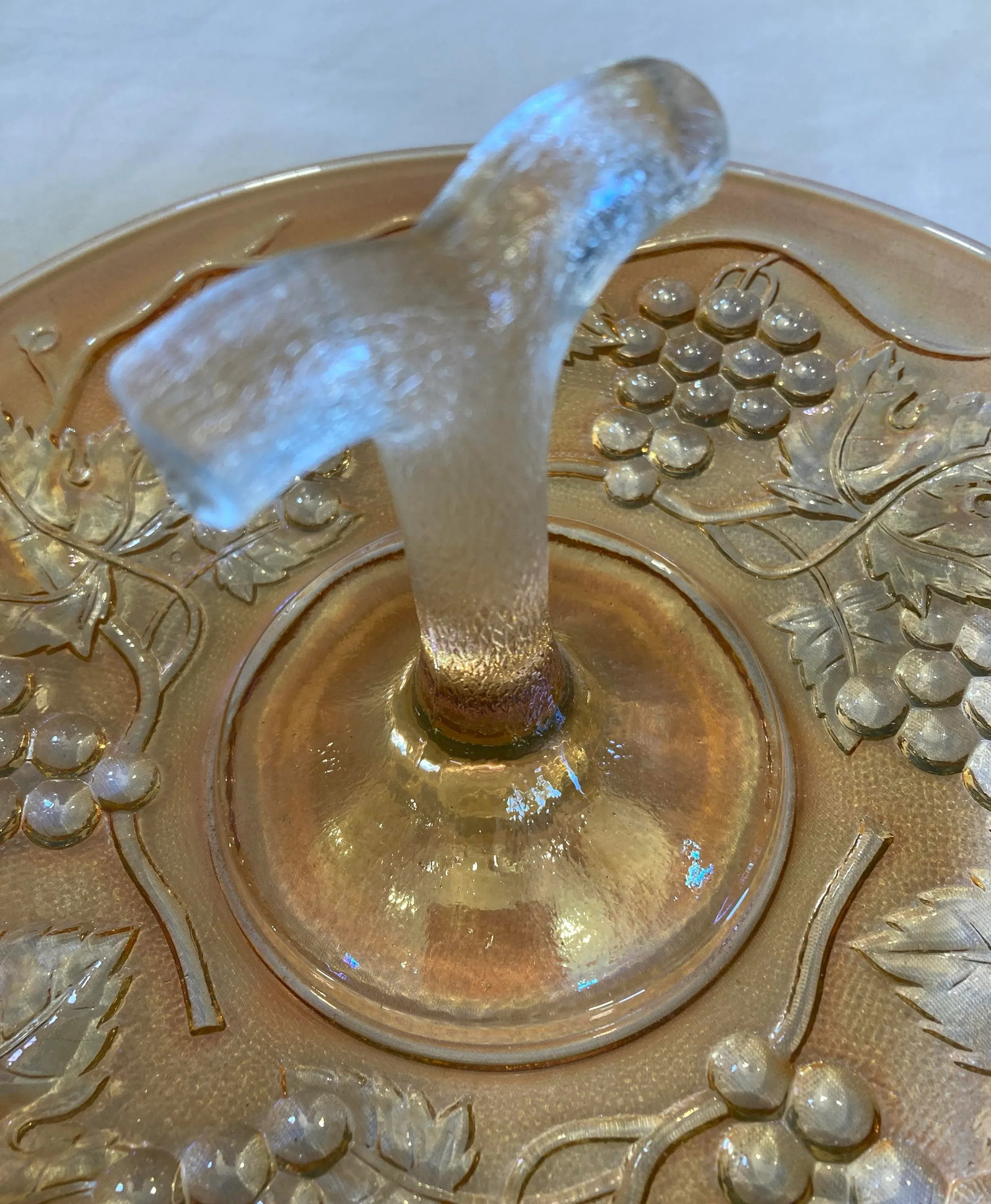 Vintage Amber Iridescent Etched Glass Cake Plate With Handle - 5