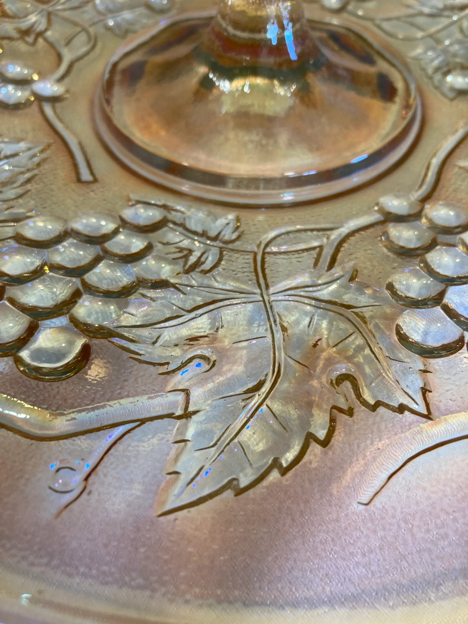 Vintage Amber Iridescent Etched Glass Cake Plate With Handle - 6