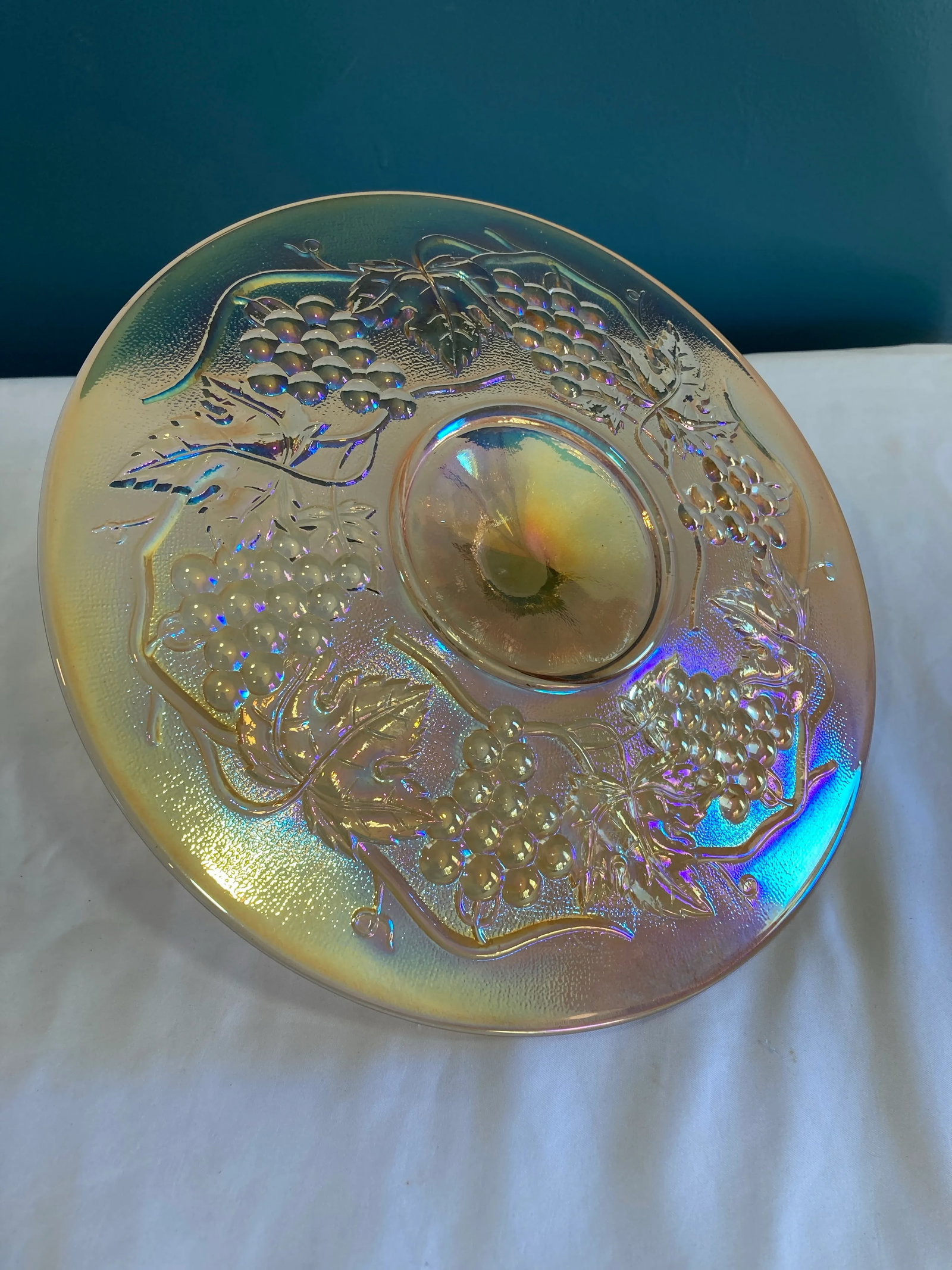 Vintage Amber Iridescent Etched Glass Cake Plate With Handle - 7
