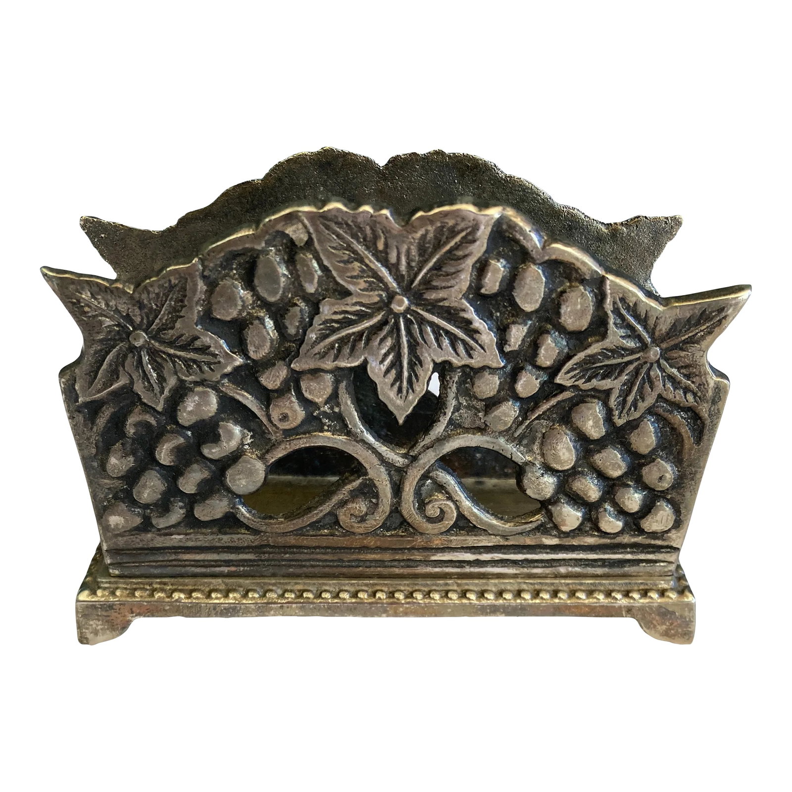 Vintage Cast Metal Grape Motif Letter Holder Desk Organizer: This vintage cast metal letter holder showcases an ornate grape and leaf design with sculptural detailing and a warm aged patina. The sturdy construction and classic form make it both functional and