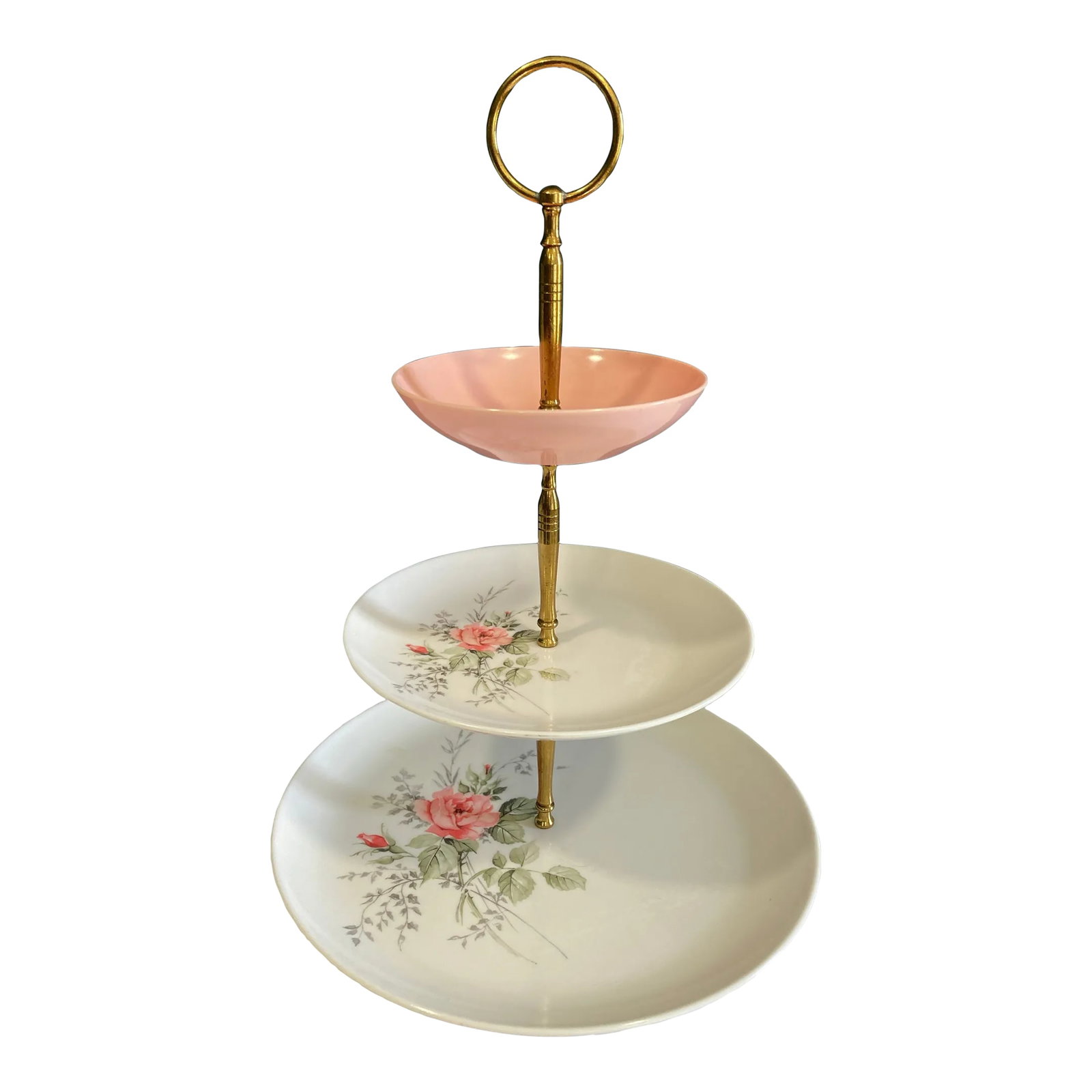 Mid-Century 3-Tiered Server With Brass Handle: Very pretty pink with roses 3-tiered tray with brass handles. Made of durable plastic. Top handle and tray are removable for storage. In great condition and perfect for baby showers, high teas, or