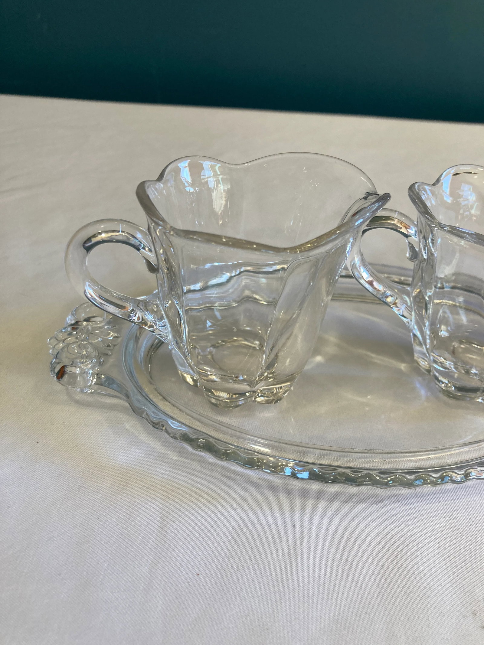 Vintage Clear Fluted Glass Creamer and Sugar Bowl Set With Matching Serving Tray - 2