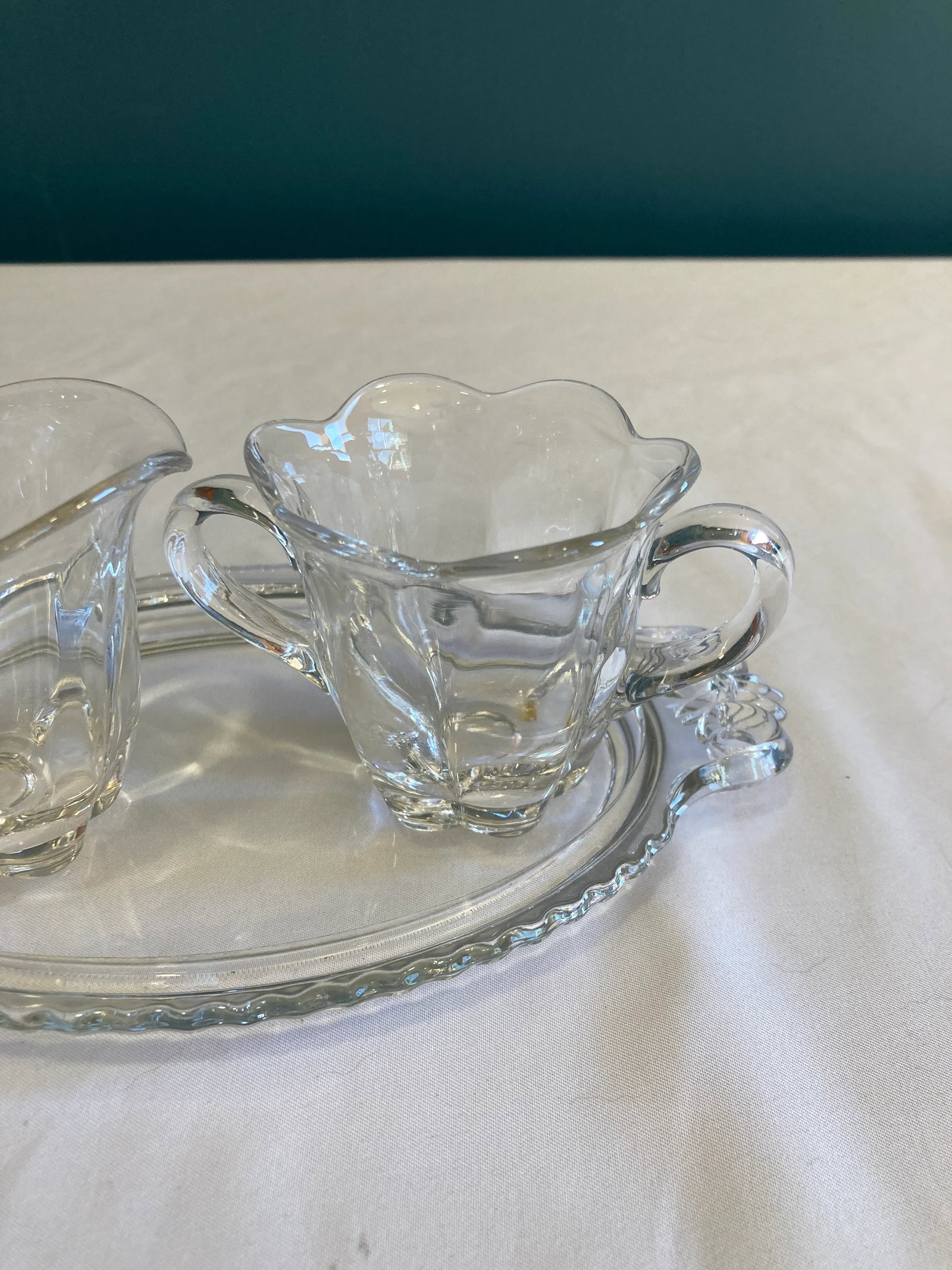 Vintage Clear Fluted Glass Creamer and Sugar Bowl Set With Matching Serving Tray - 3